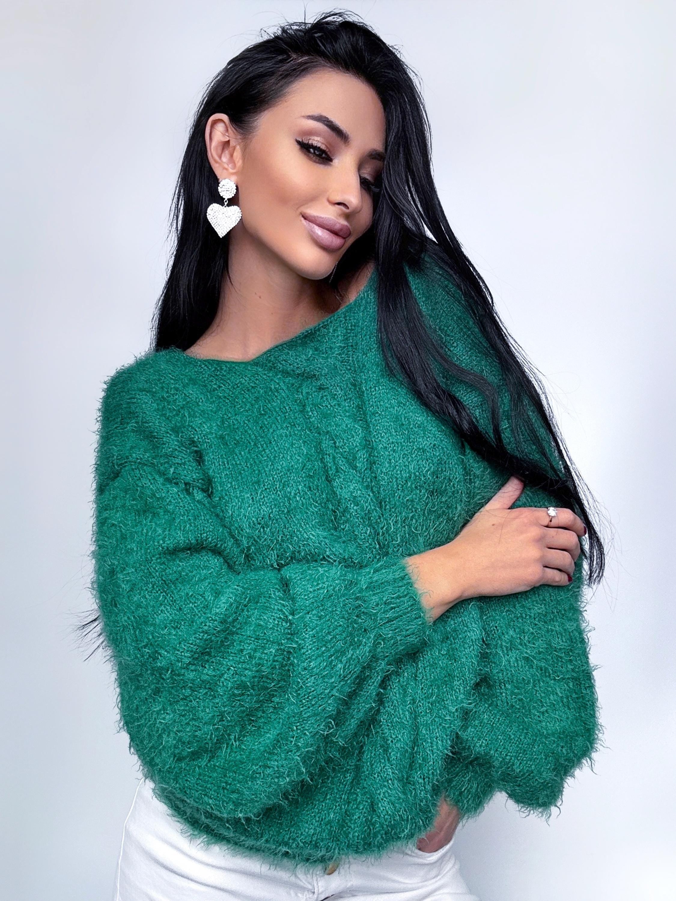 Green soft fluffy hand knit body friendly wool free sweater Open back Deep neckline Knit emerald fluffy pullover Loose fit oversized V-neck