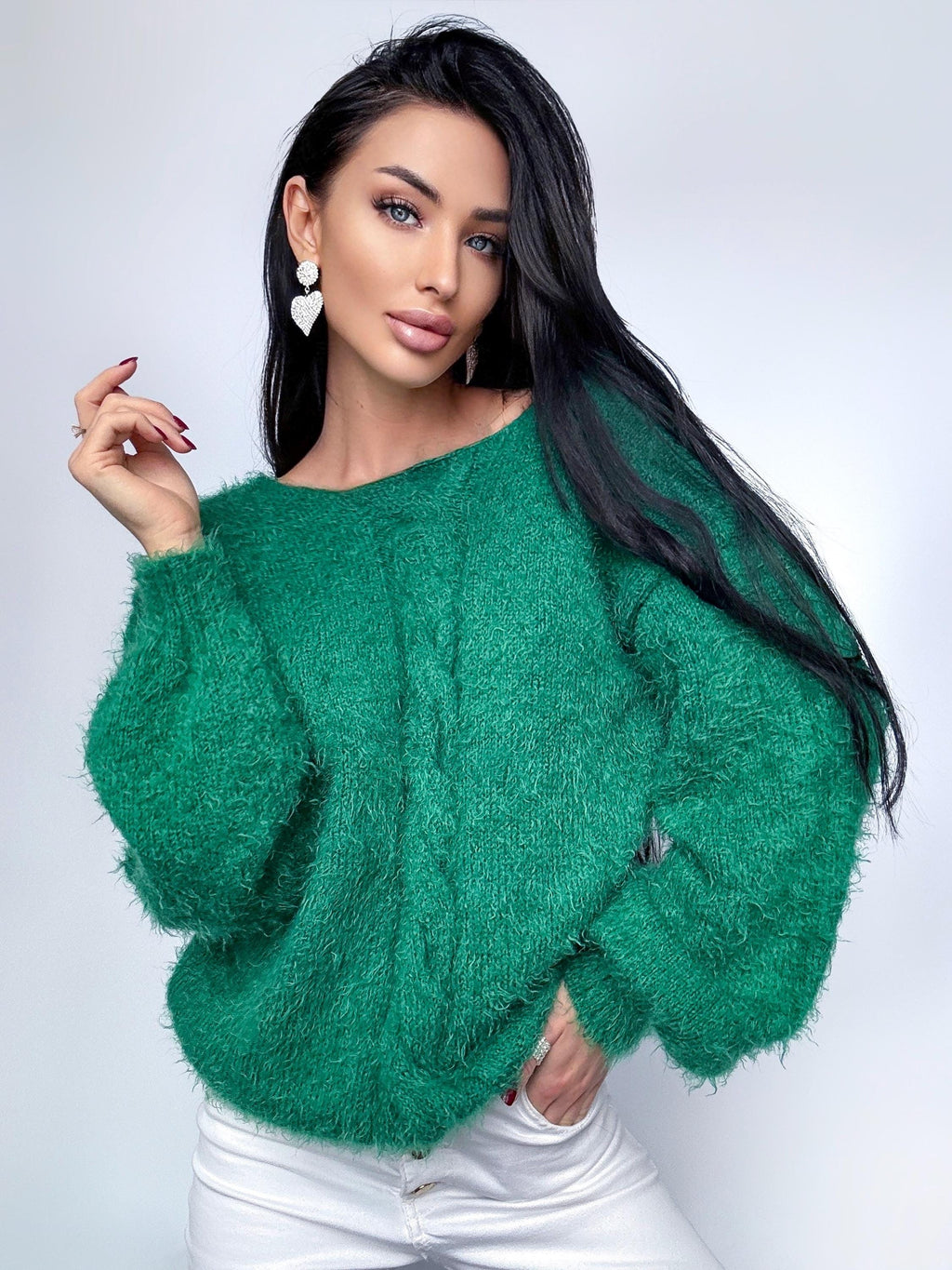 Green soft fluffy hand knit body friendly wool free sweater Open back Deep neckline Knit emerald fluffy pullover Loose fit oversized V-neck