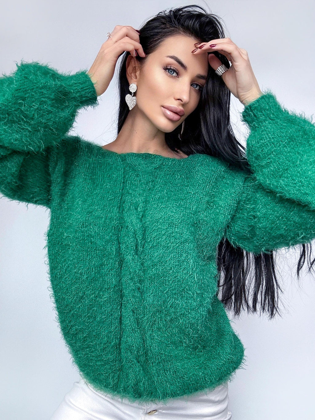 Green soft fluffy hand knit body friendly wool free sweater Open back Deep neckline Knit emerald fluffy pullover Loose fit oversized V-neck