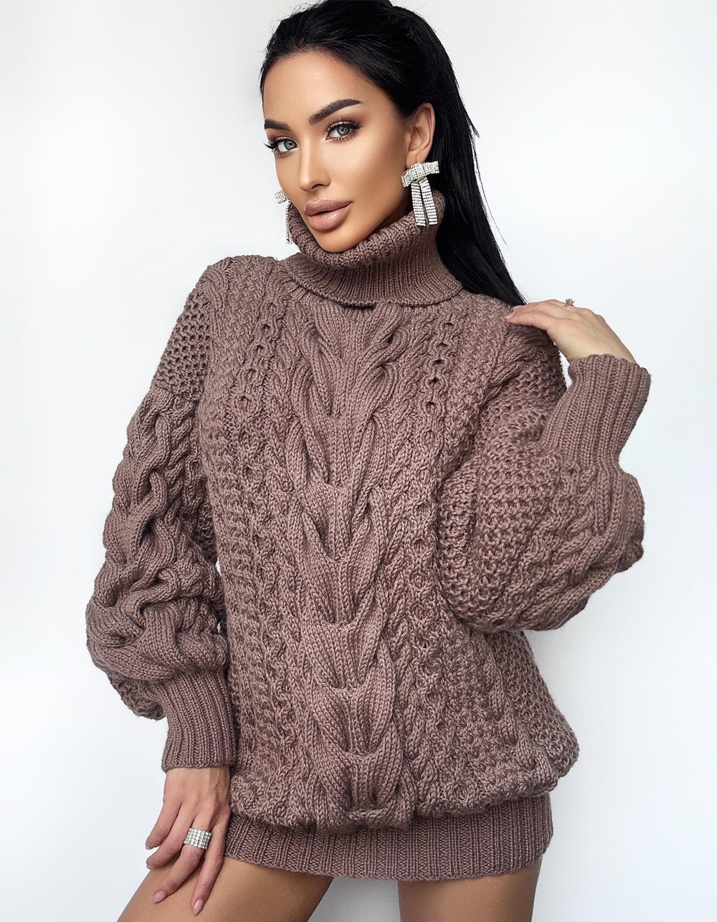 Aran long oversize beige brown Chocolate big hand knit merino wool mixture sweater dresse Turtleneck cable knit pullover women Сhunky knit