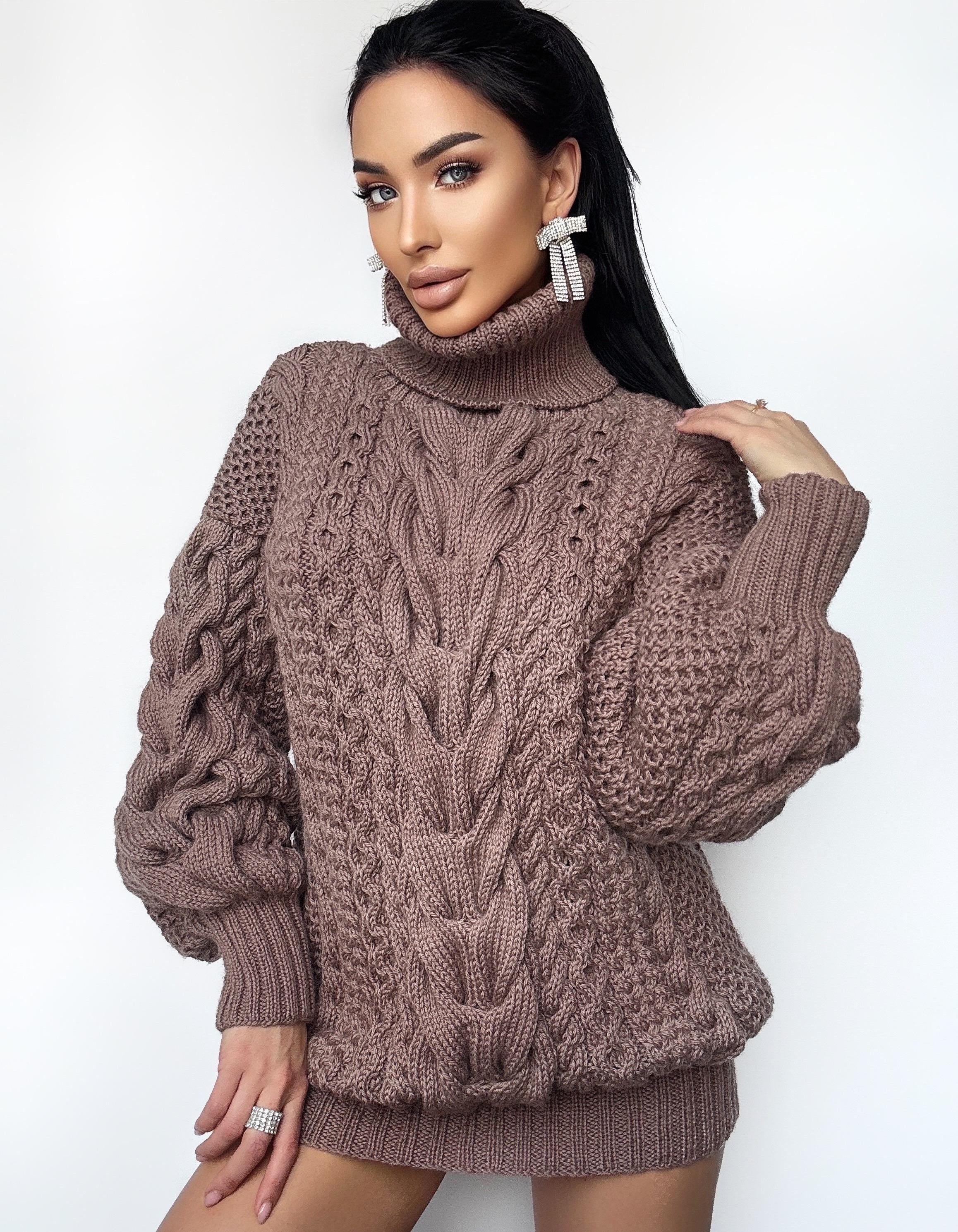 Aran long oversize beige brown Chocolate big hand knit merino wool mixture sweater dresse Turtleneck cable knit pullover women Сhunky knit
