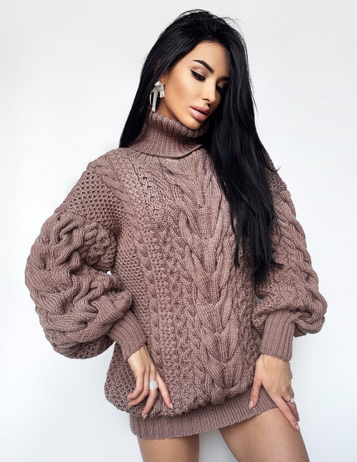 Aran long oversize beige brown Chocolate big hand knit merino wool mixture sweater dresse Turtleneck cable knit pullover women Сhunky knit