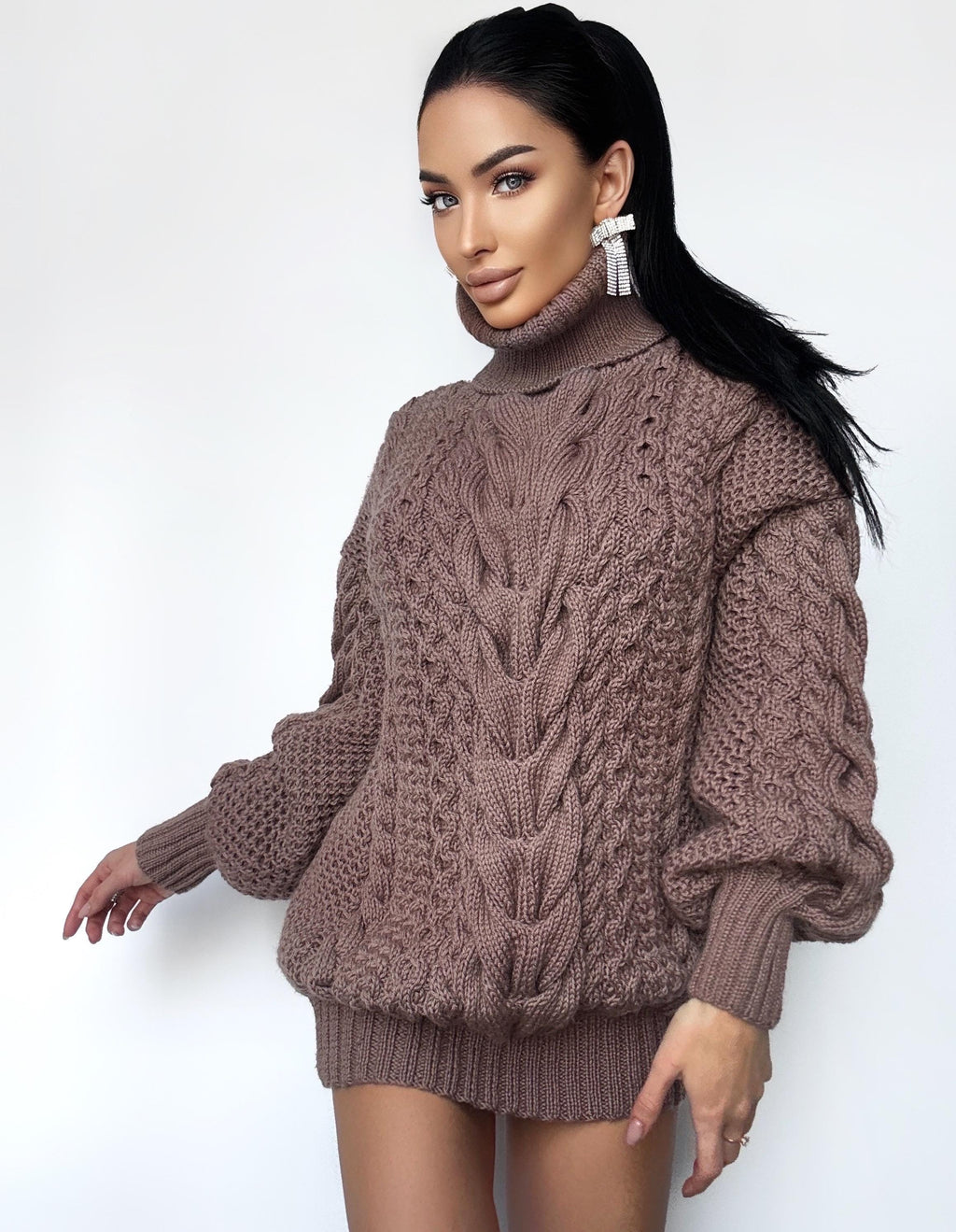 Aran long oversize beige brown Chocolate big hand knit merino wool mixture sweater dresse Turtleneck cable knit pullover women Сhunky knit