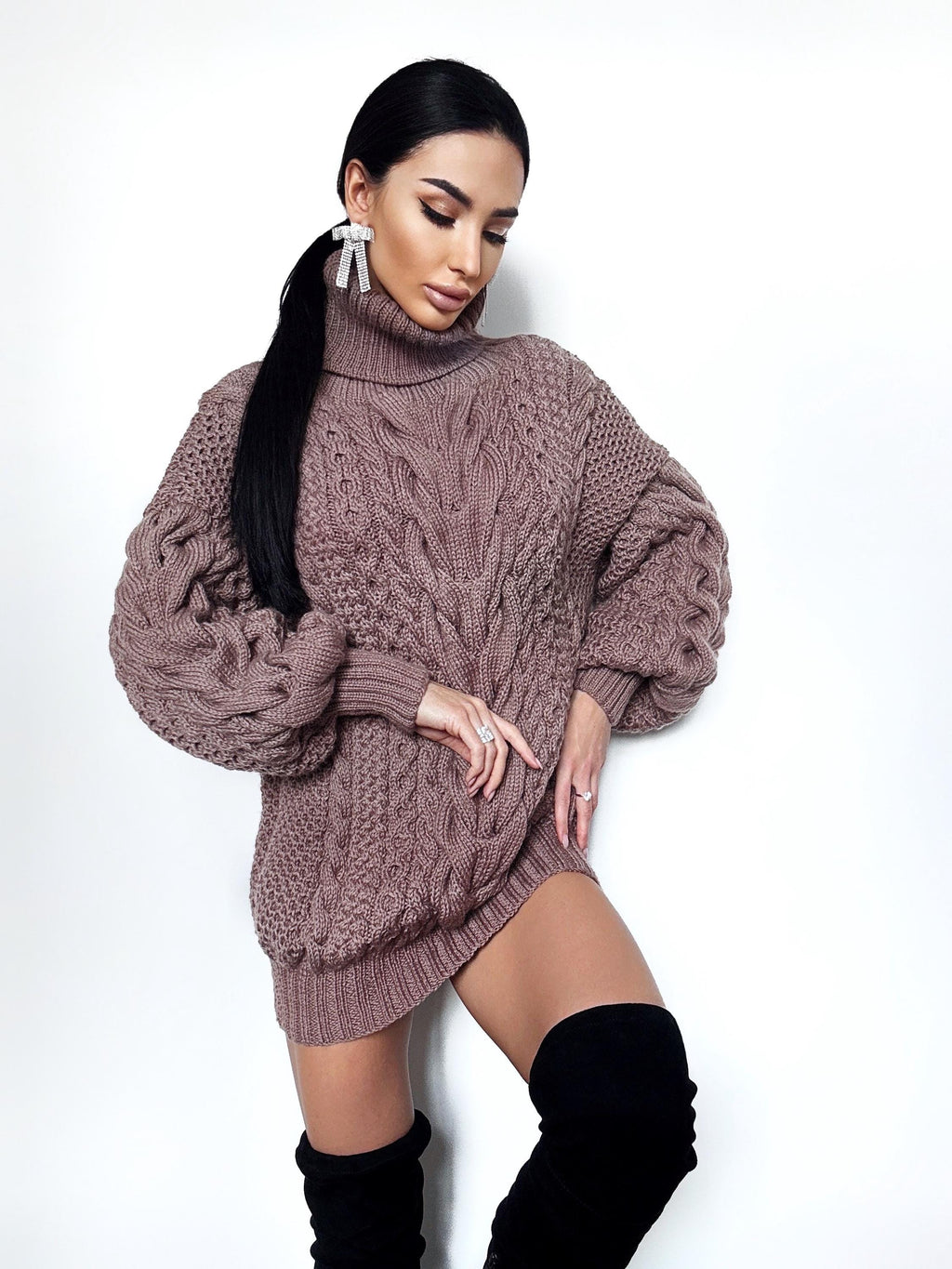 Aran long oversize beige brown Chocolate big hand knit merino wool mixture sweater dresse Turtleneck cable knit pullover women Сhunky knit