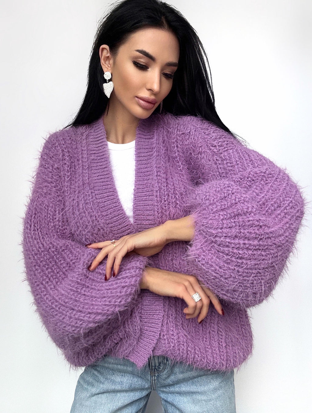 Soft knit merino wool mix Lilac Purple cardigan women Wedding crop cardigan Fluffy wool sweater Pink coat Jacket Women Bridal shrug bolero