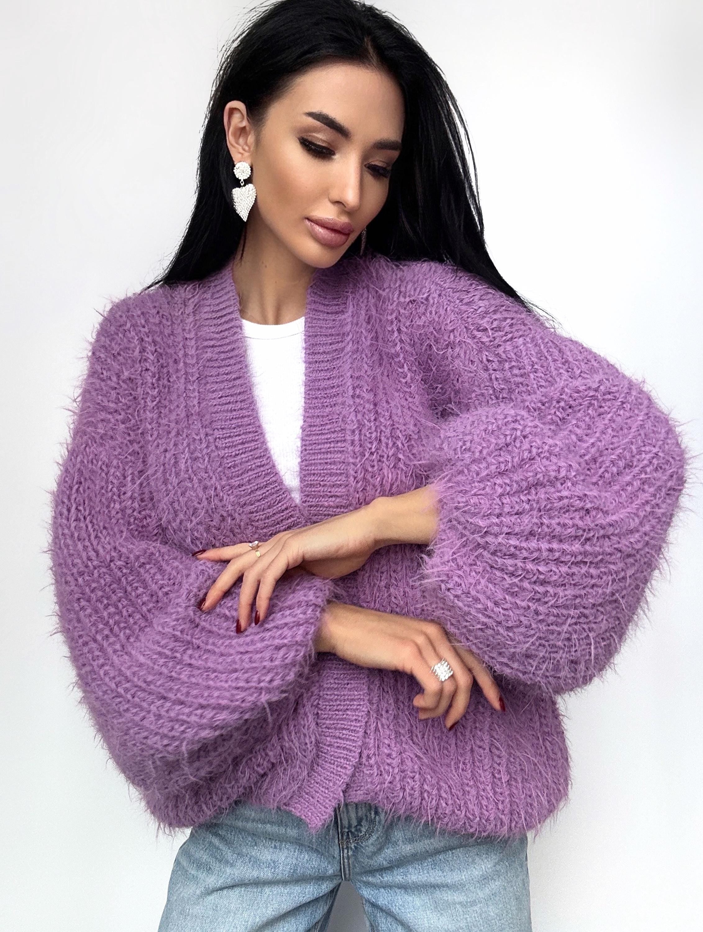 Very soft knit merino wool mix Lilac Purple cardigan women Wedding crop cardigan Fluffy wool sweater coat Jacket Women Bridal shrug bolero