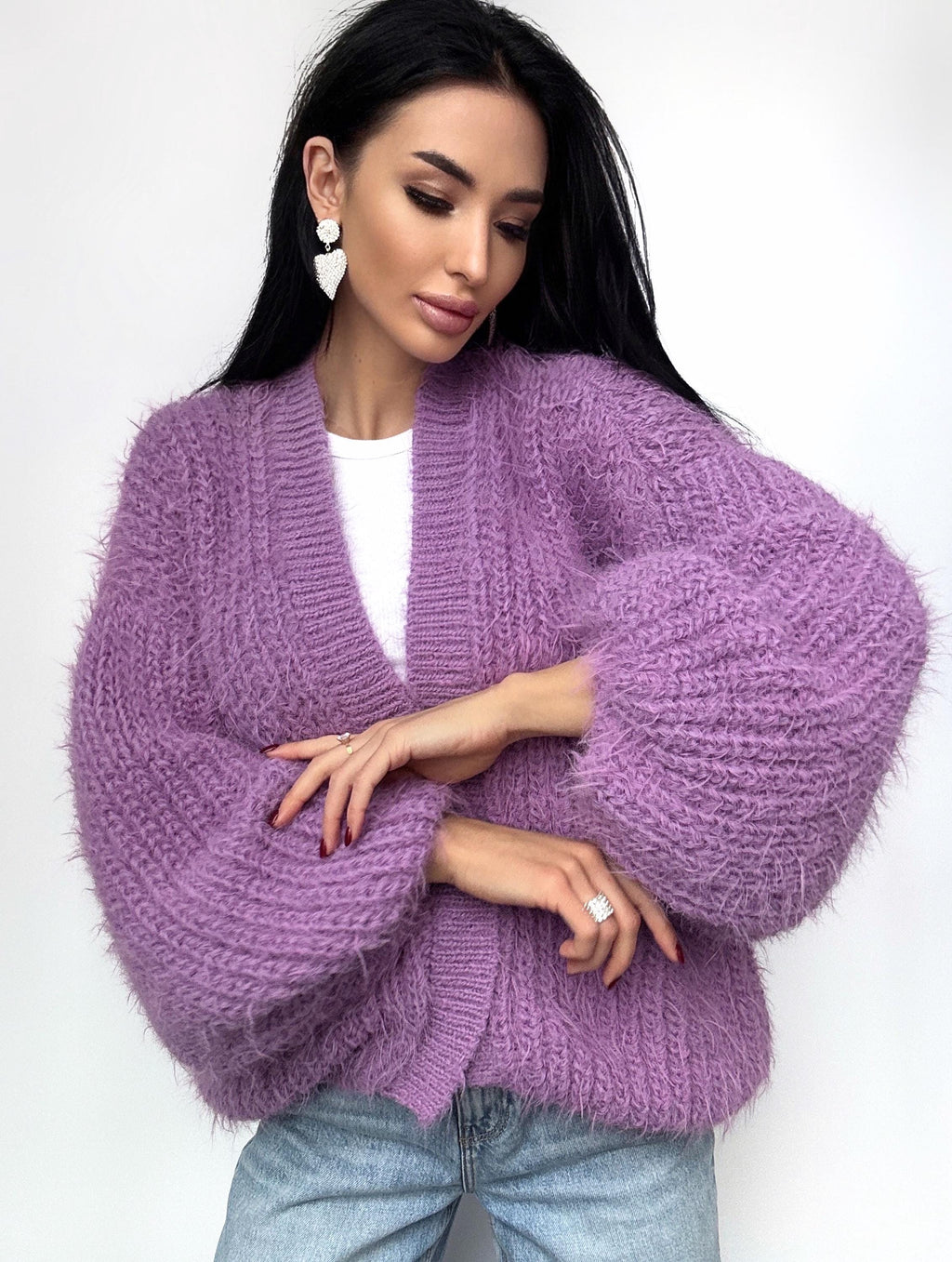 Very soft knit merino wool mix Lilac Purple cardigan women Wedding crop cardigan Fluffy wool sweater coat Jacket Women Bridal shrug bolero