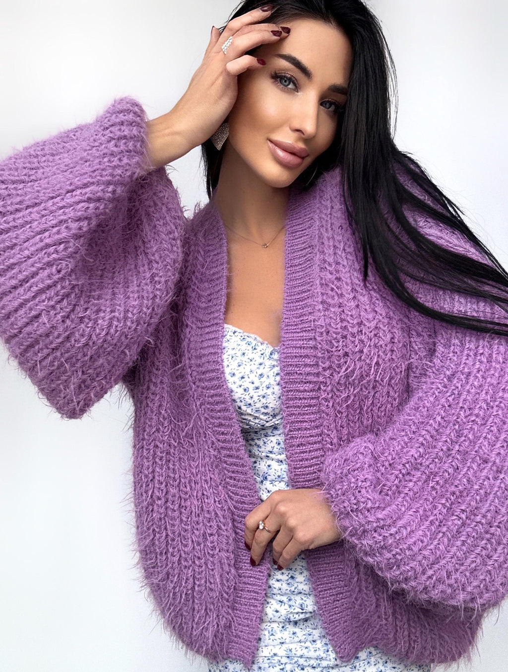 Very soft knit merino wool mix Lilac Purple cardigan women Wedding crop cardigan Fluffy wool sweater coat Jacket Women Bridal shrug bolero