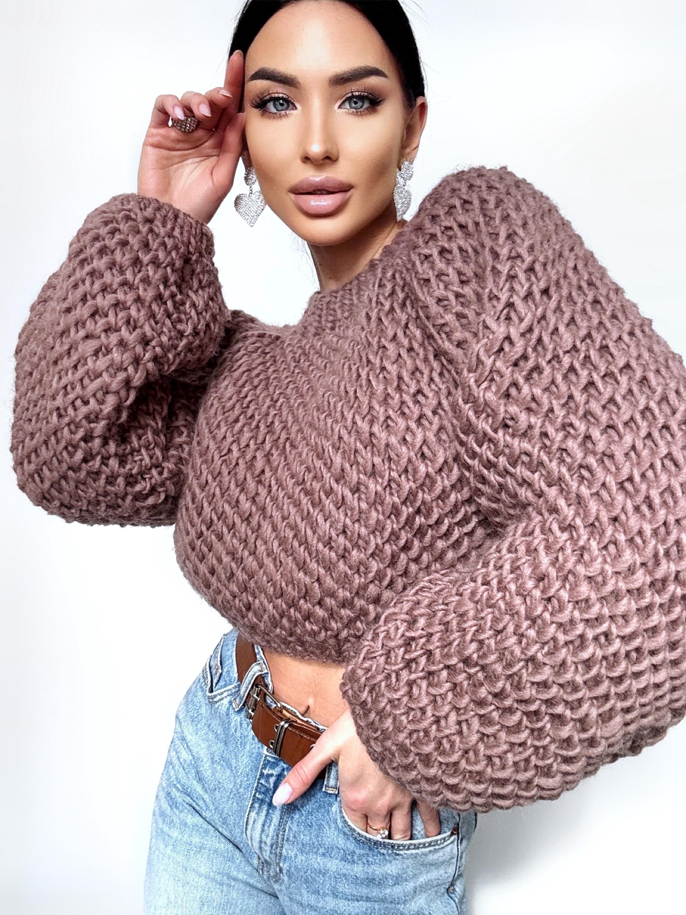 Crop chunky hand knit alpaca wool Brown Terracotta soft sweater Hand knit oversize Pastel pullover Cable knit cropped sweater top jumper