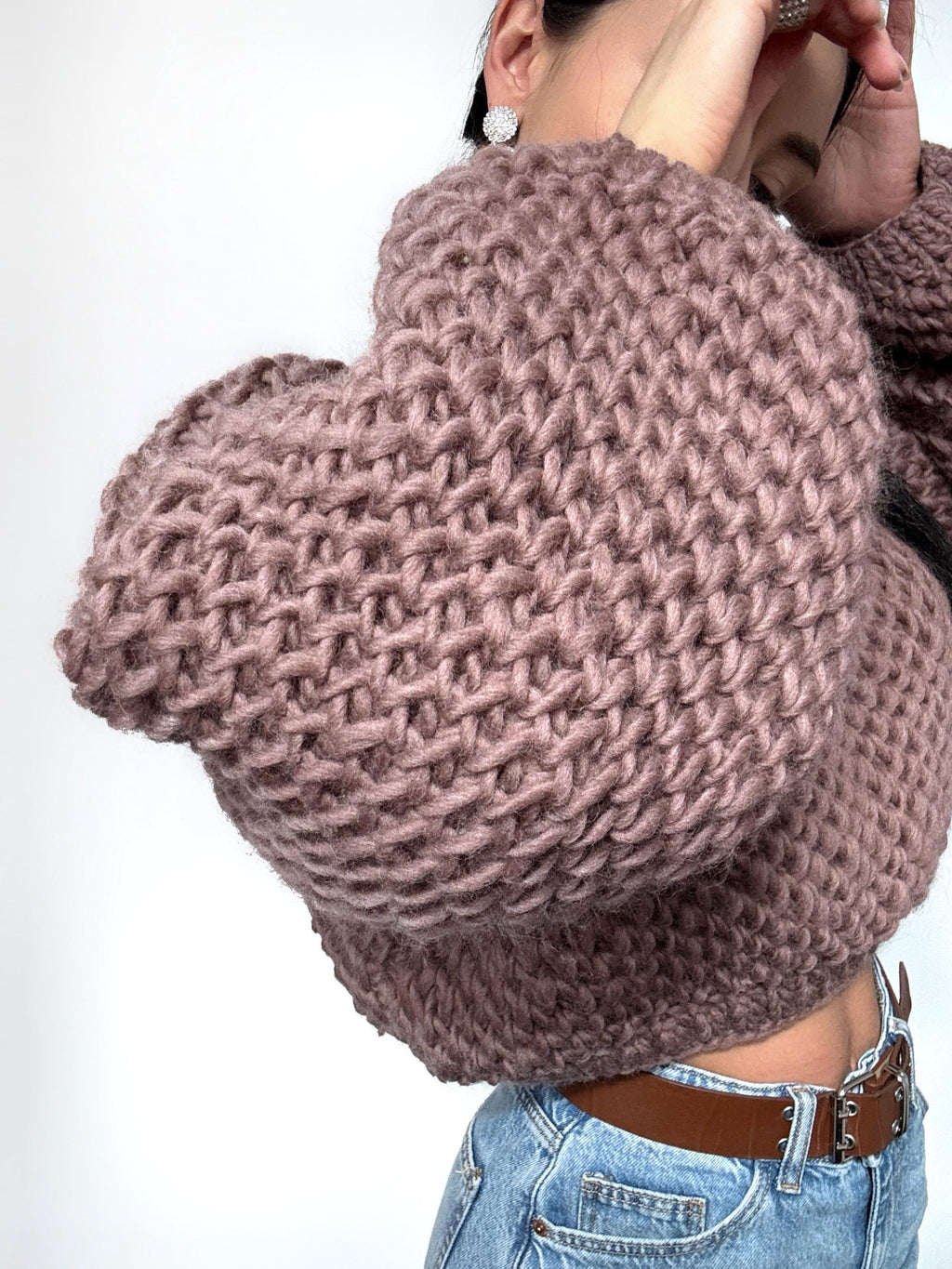 Crop chunky hand knit alpaca wool Brown Terracotta soft sweater Hand knit oversize Pastel pullover Cable knit cropped sweater top jumper