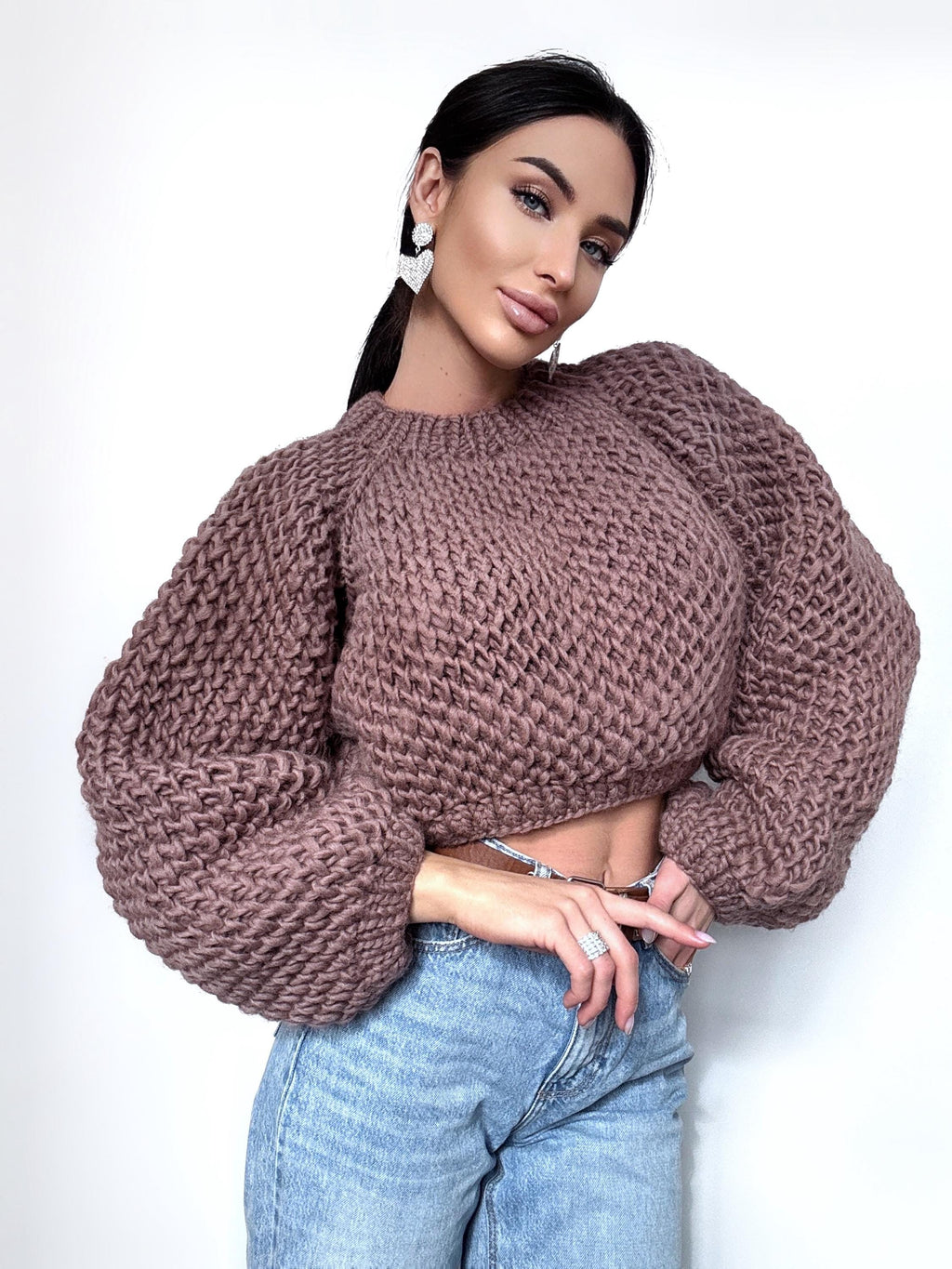 Crop chunky hand knit alpaca wool Brown Terracotta soft sweater Hand knit oversize Pastel pullover Cable knit cropped sweater top jumper
