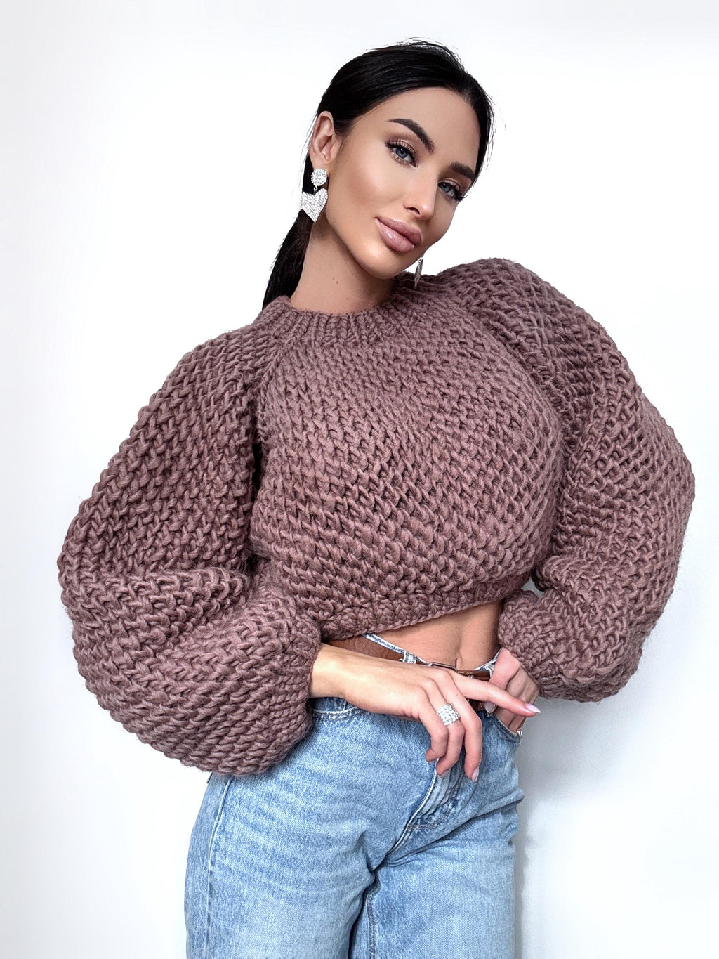 Crop chunky hand knit alpaca wool Brown Terracotta soft sweater Hand knit oversize Pastel pullover Cable knit cropped sweater top jumper
