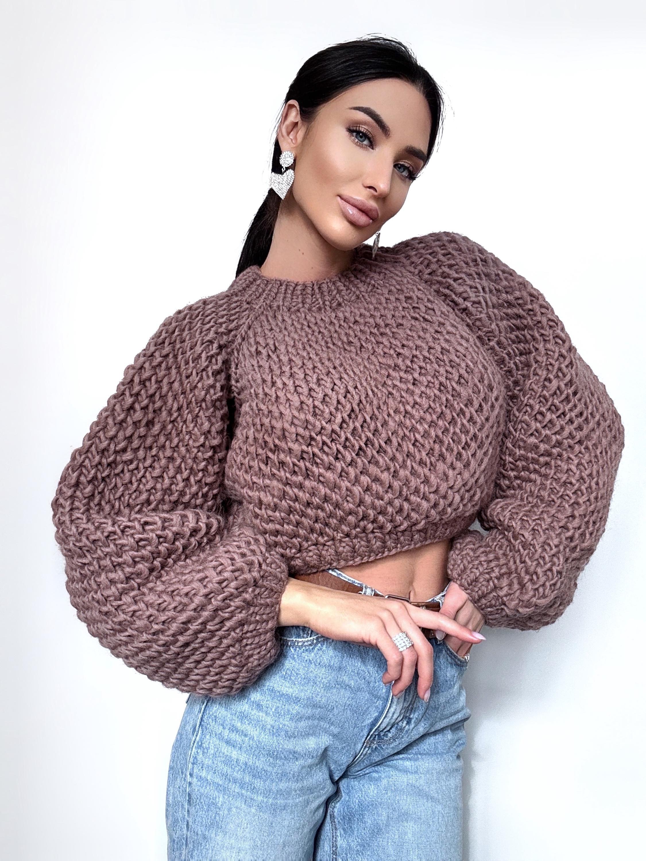 Crop chunky hand knit alpaca wool Brown Terracotta soft sweater Hand knit oversize Pastel pullover Cable knit cropped sweater top jumper
