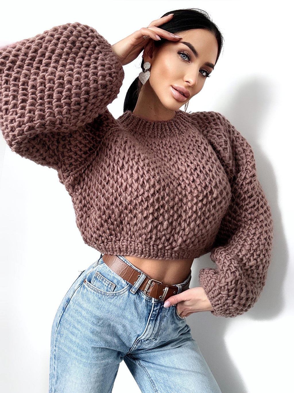 Crop chunky hand knit alpaca wool Brown Terracotta soft sweater Hand knit oversize Pastel pullover Cable knit cropped sweater top jumper