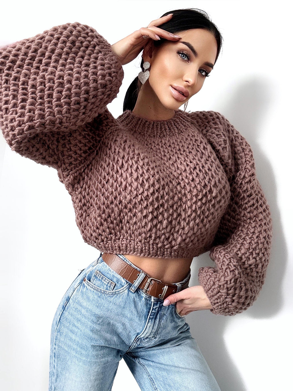 Crop chunky hand knit alpaca wool Brown Terracotta soft sweater Hand knit oversize Pastel pullover Cable knit cropped sweater top jumper