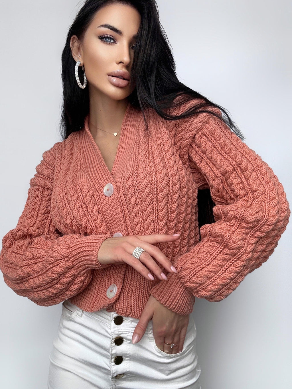Crop cardigan Hand knit blue cardigan sweater Crop top sweater Cable knit cardigan Chunky Cozy cardigan short knitted jacket Gift for her