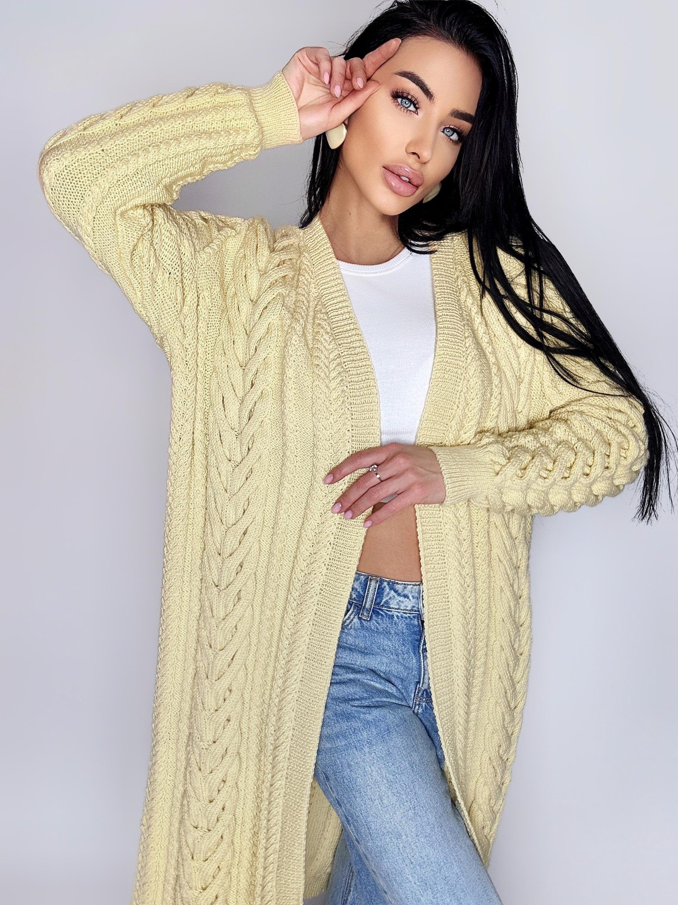 Cable knit wool maxi pastel beige merino сardigan women Chunky knit midi cardigan Cream wool cable knit braided cardigan