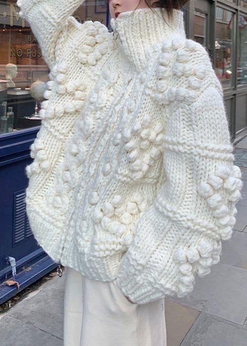 Custom chunky hand knit Big White Milk Cream alpaca wool cardigan on buttons Cable knit pullover high collar Knitted Super Bulky Sweater