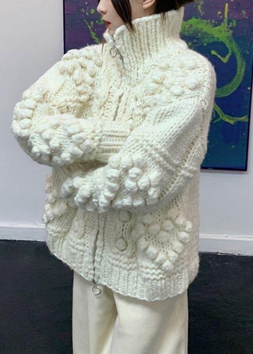 Custom chunky hand knit Big White Milk Cream alpaca wool cardigan on buttons Cable knit pullover high collar Knitted Super Bulky Sweater