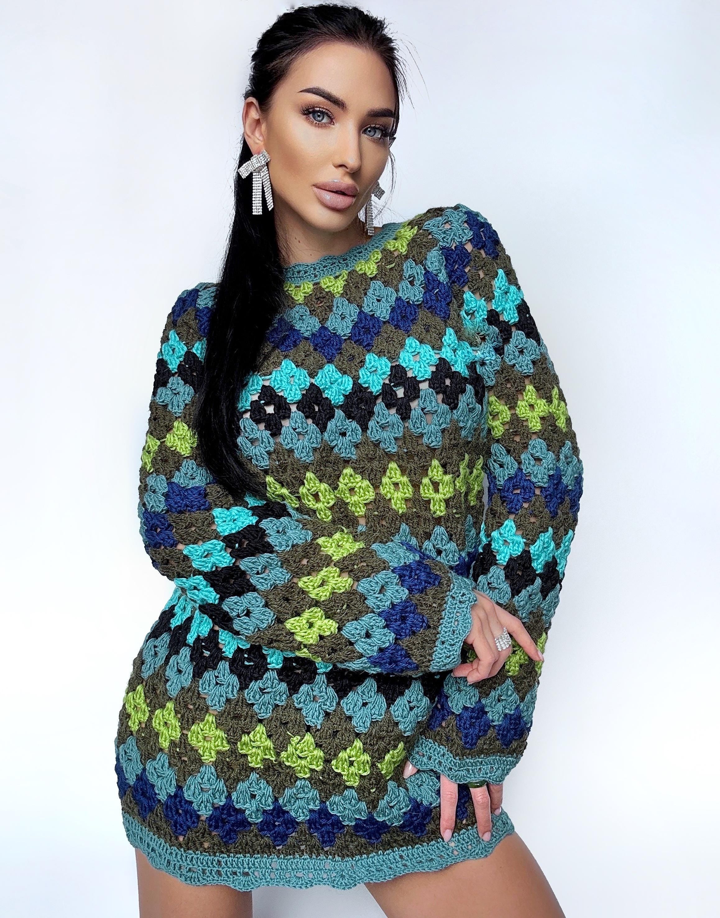 Crochet wool mini long sleeve green sweater dress Crochet afghan Boho crochet dress Colorful dress Mini Festival Clothing Vintage Dress