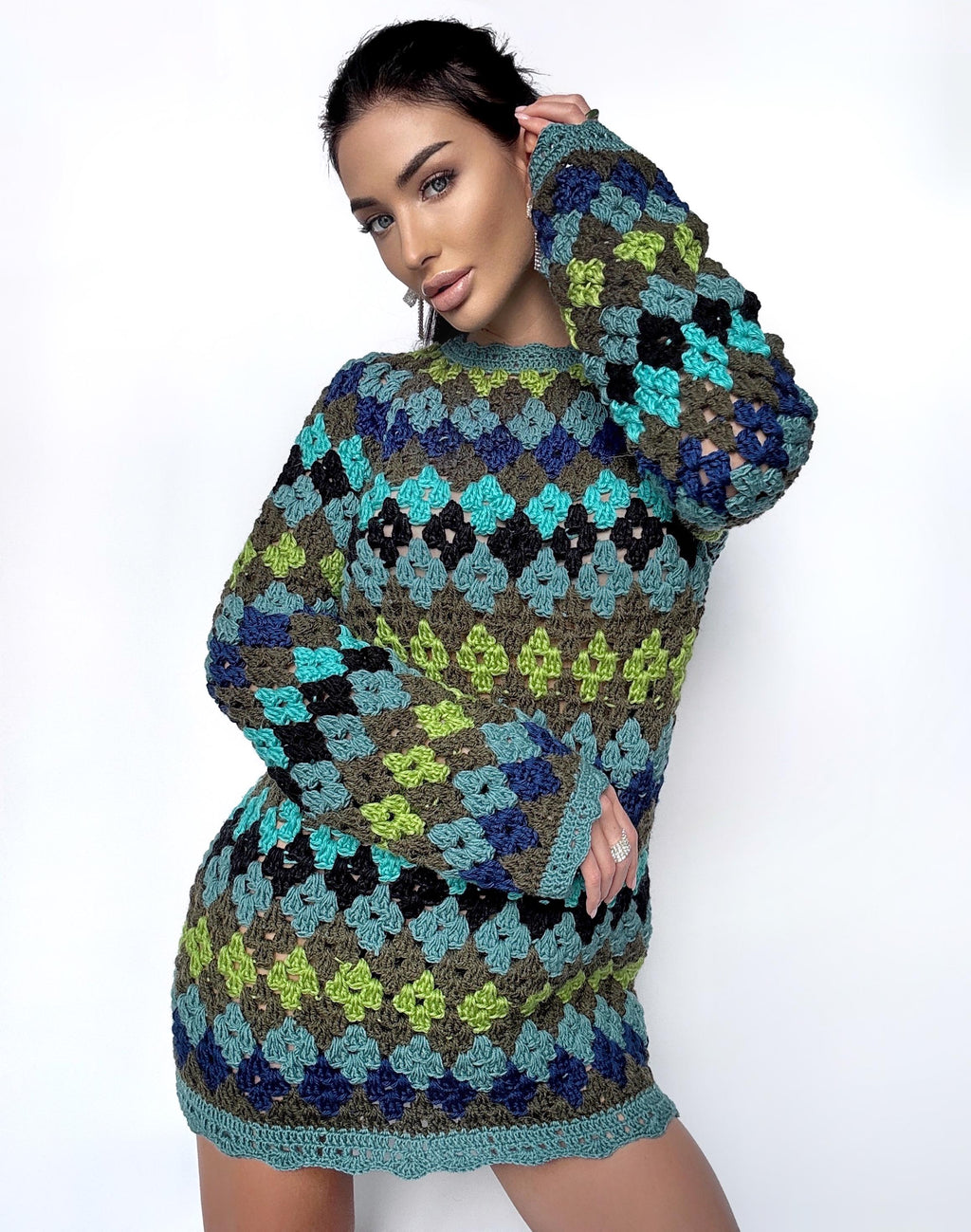 Crochet wool mini long sleeve green sweater dress Crochet afghan Boho crochet dress Colorful dress Mini Festival Clothing Vintage Dress