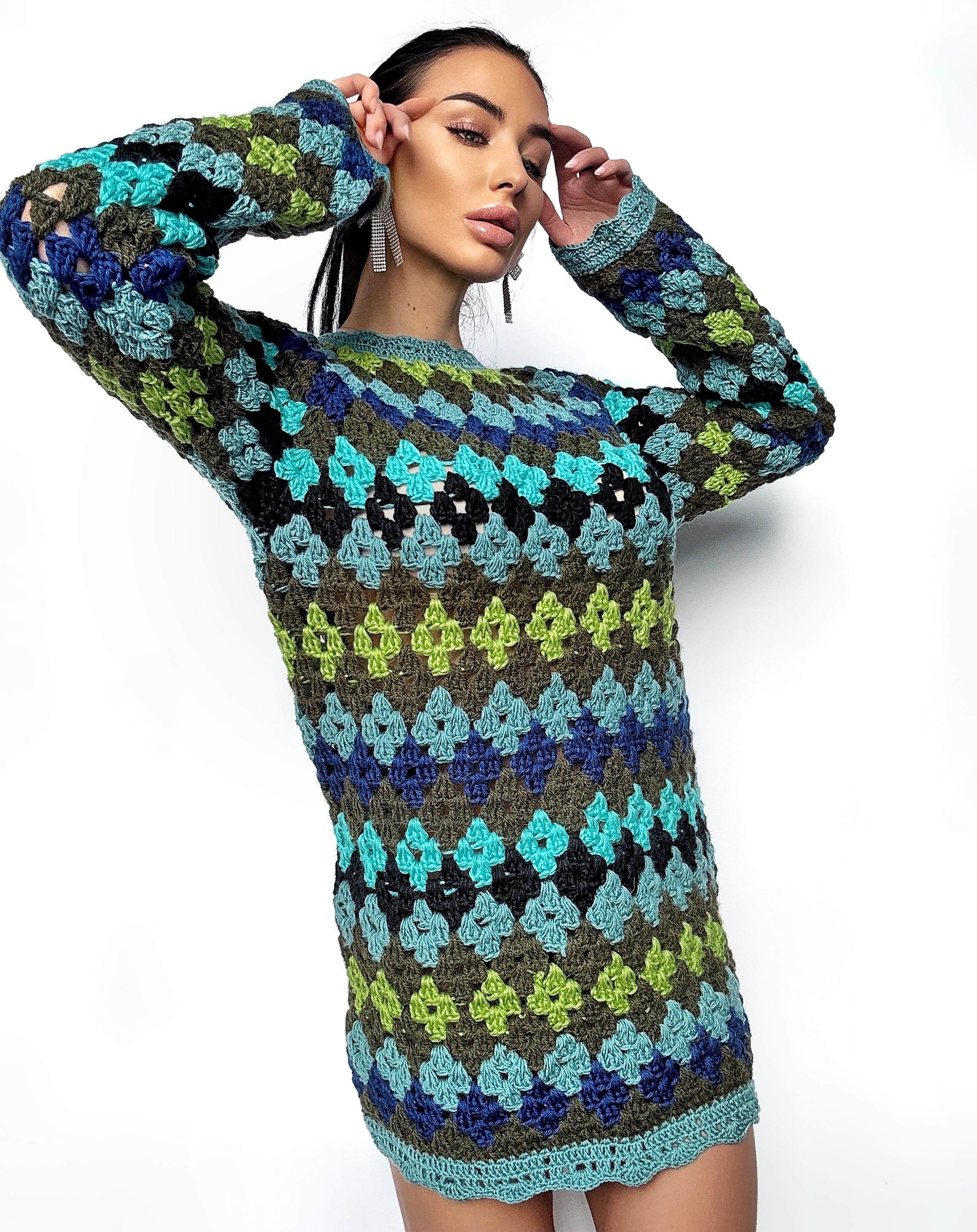Crochet wool mini long sleeve green sweater dress Crochet afghan Boho crochet dress Colorful dress Mini Festival Clothing Vintage Dress