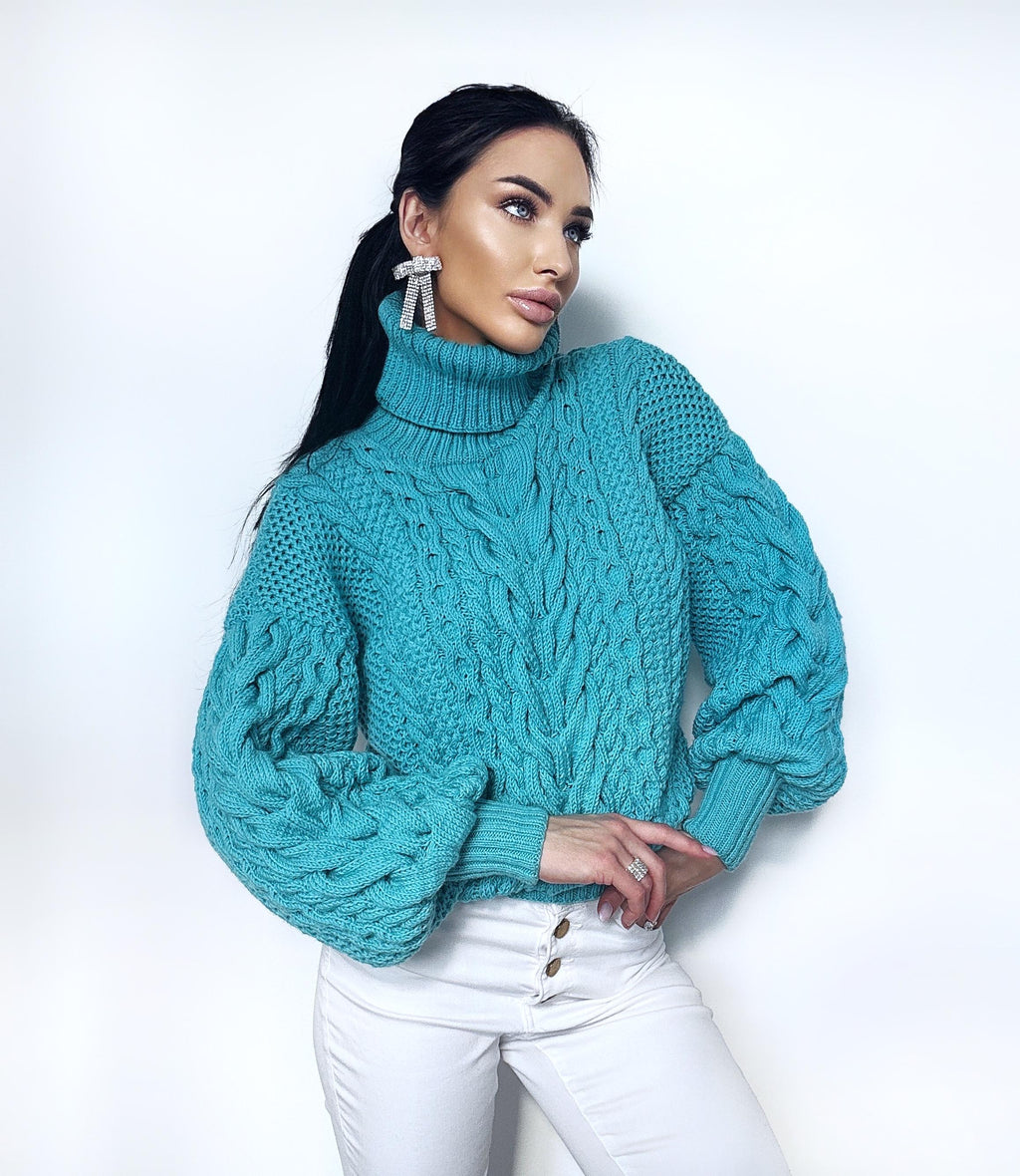 Hand knitted soft merino wool light blue high collar sweater Chunky Knit Turtleneck Oversized Pullover Womens Cable knit Jumper