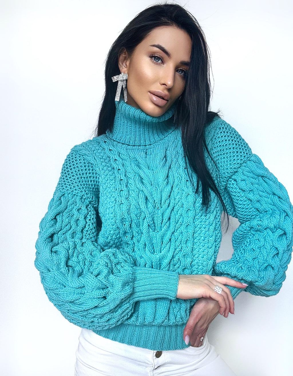Hand knitted soft merino wool light blue high collar sweater Chunky Knit Turtleneck Oversized Pullover Womens Cable knit Jumper