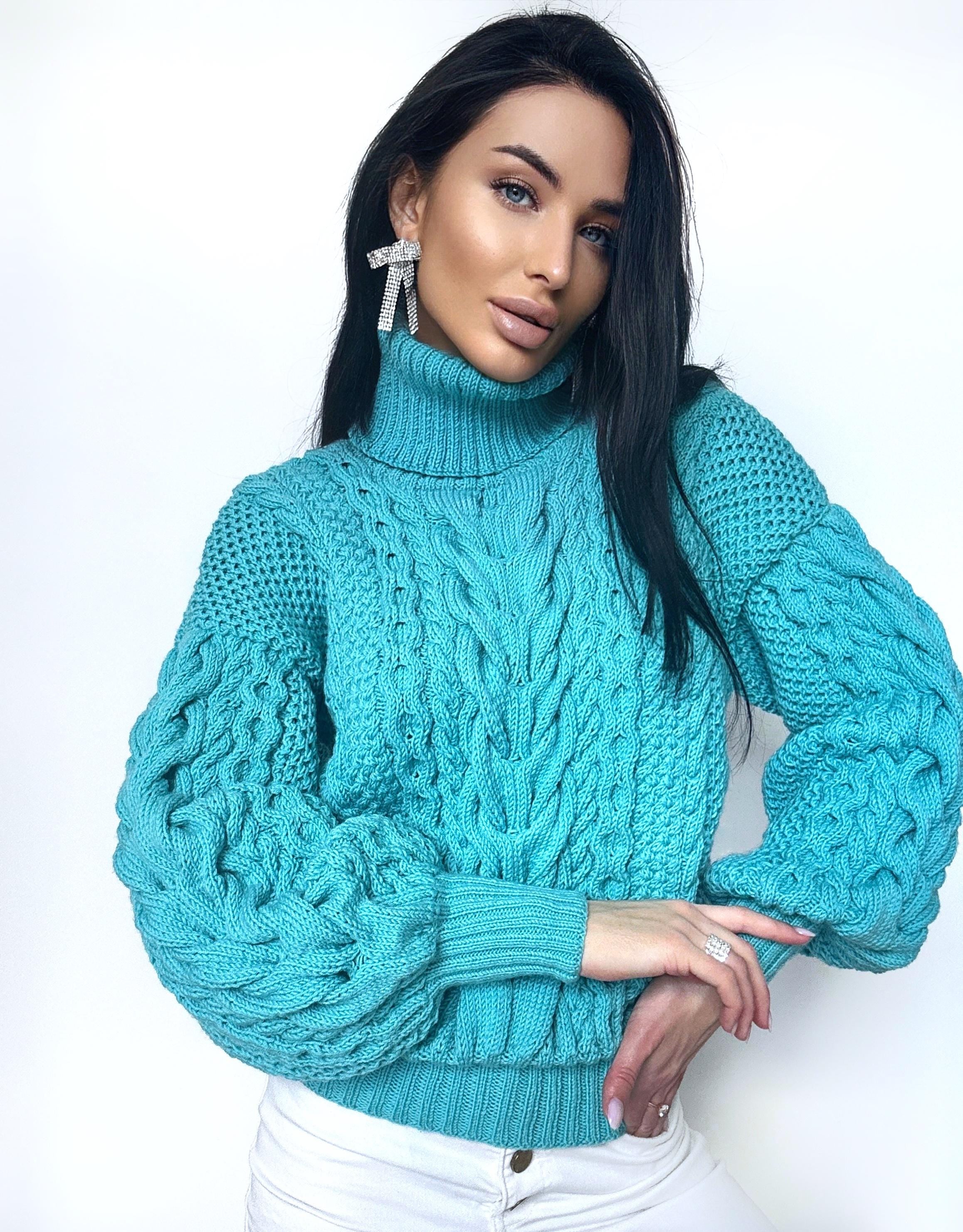 Hand knitted soft merino wool light blue high collar sweater Chunky Knit Turtleneck Oversized Pullover Womens Cable knit Jumper