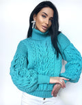 Hand knitted soft merino wool light blue high collar sweater Chunky Knit Turtleneck Oversized Pullover Womens Cable knit Jumper