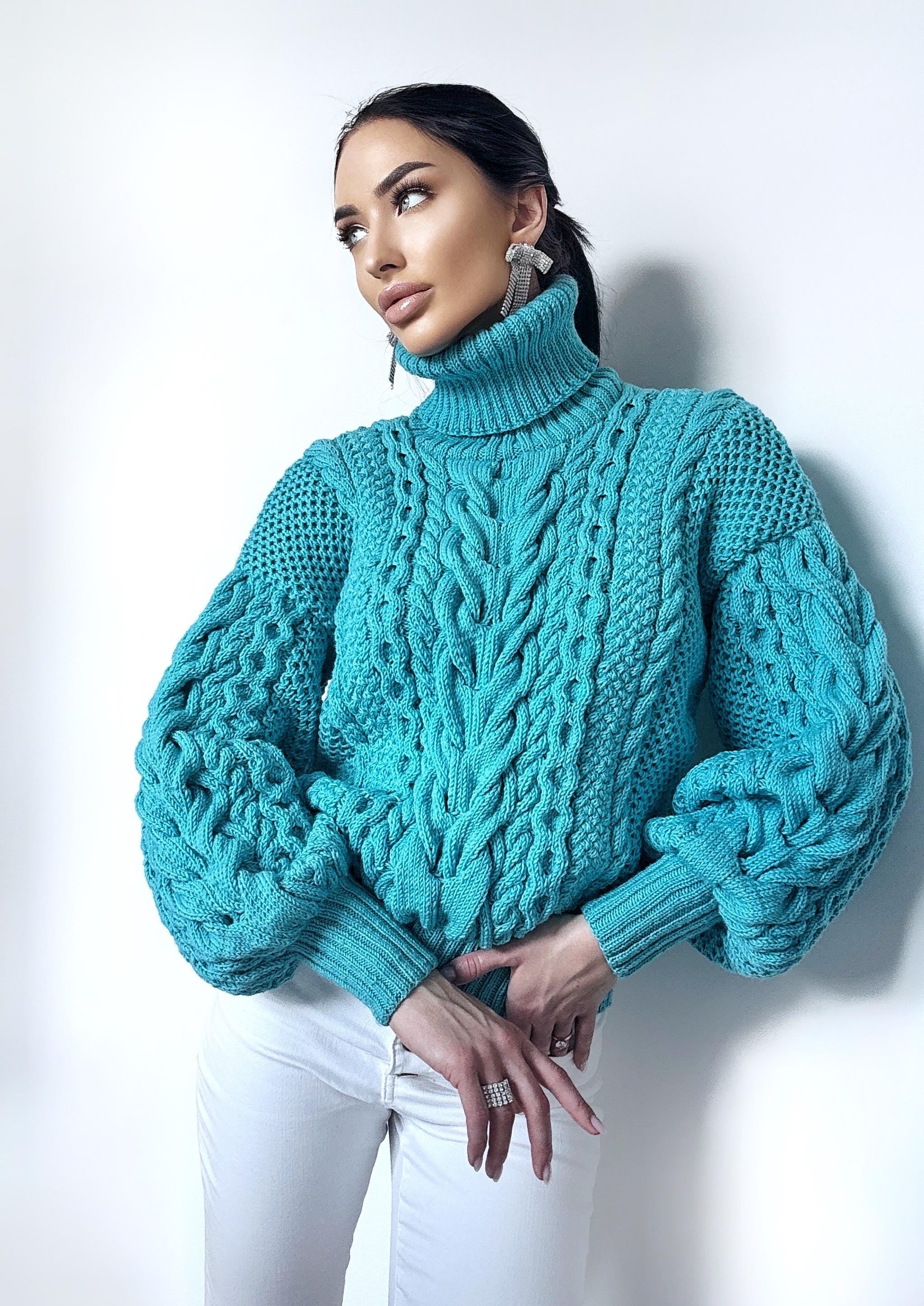 Hand knitted soft merino wool light blue high collar sweater Chunky Knit Turtleneck Oversized Pullover Womens Cable knit Jumper