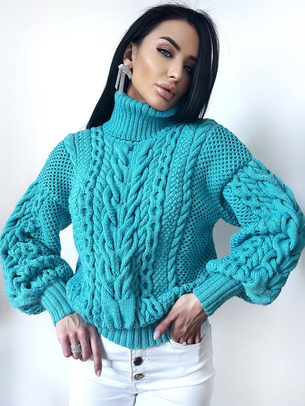 Hand knitted soft merino wool light blue high collar sweater Chunky Knit Turtleneck Oversized Pullover Womens Cable knit Jumper