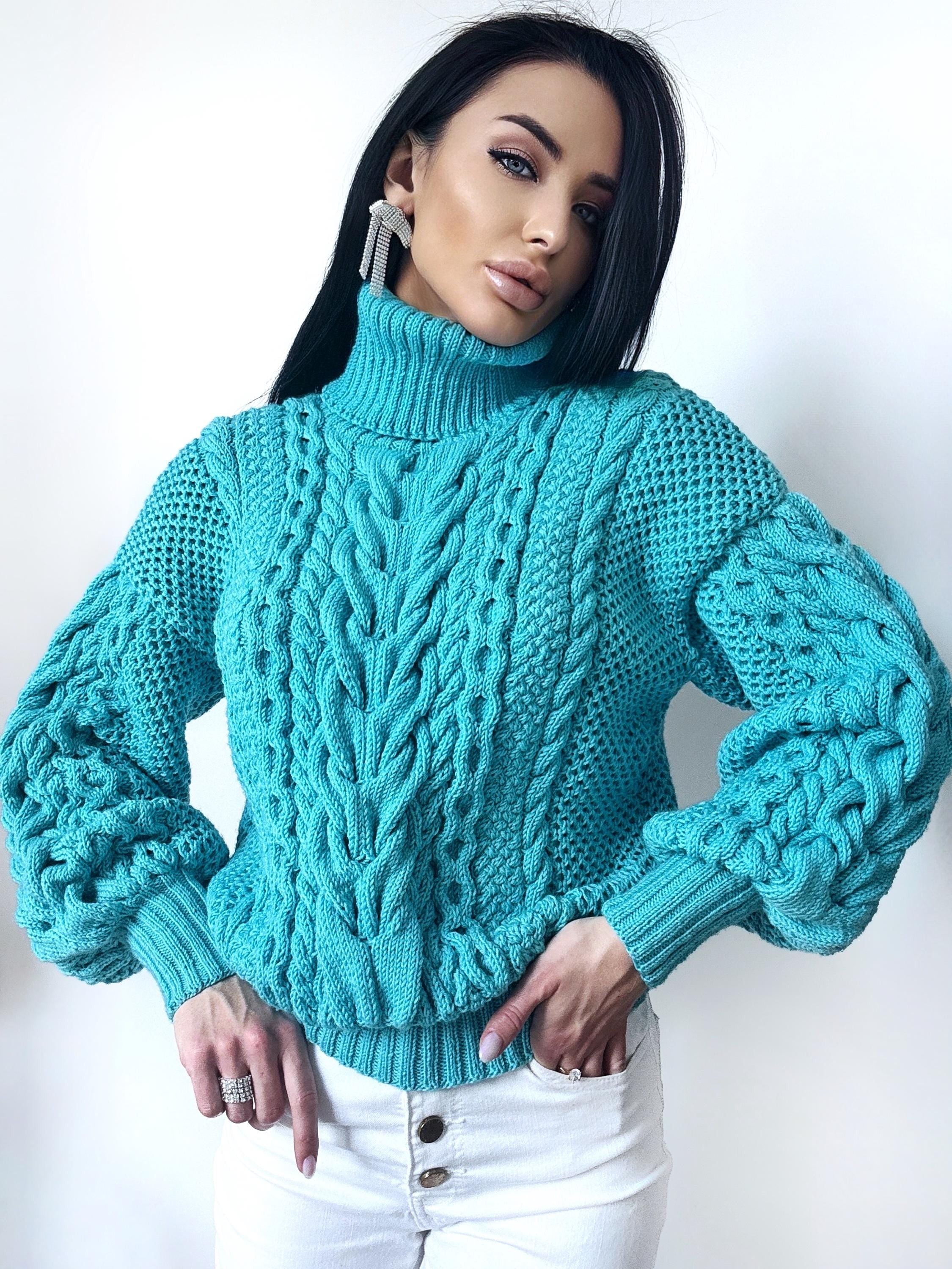 Hand knitted soft merino wool light blue high collar sweater Chunky Knit Turtleneck Oversized Pullover Womens Cable knit Jumper