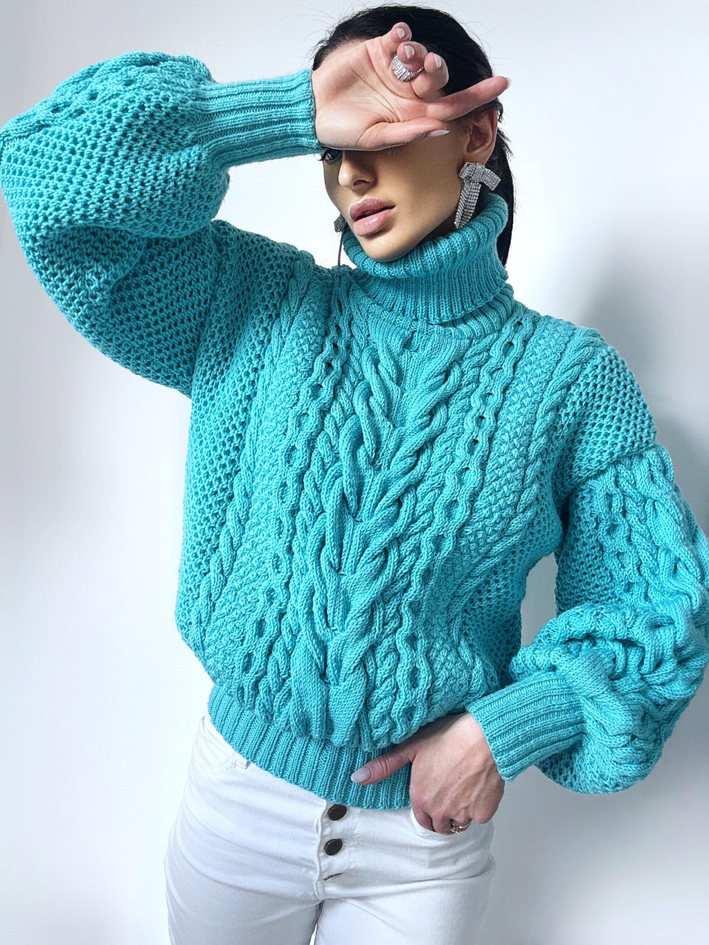 Hand knitted soft merino wool light blue high collar sweater Chunky Knit Turtleneck Oversized Pullover Womens Cable knit Jumper