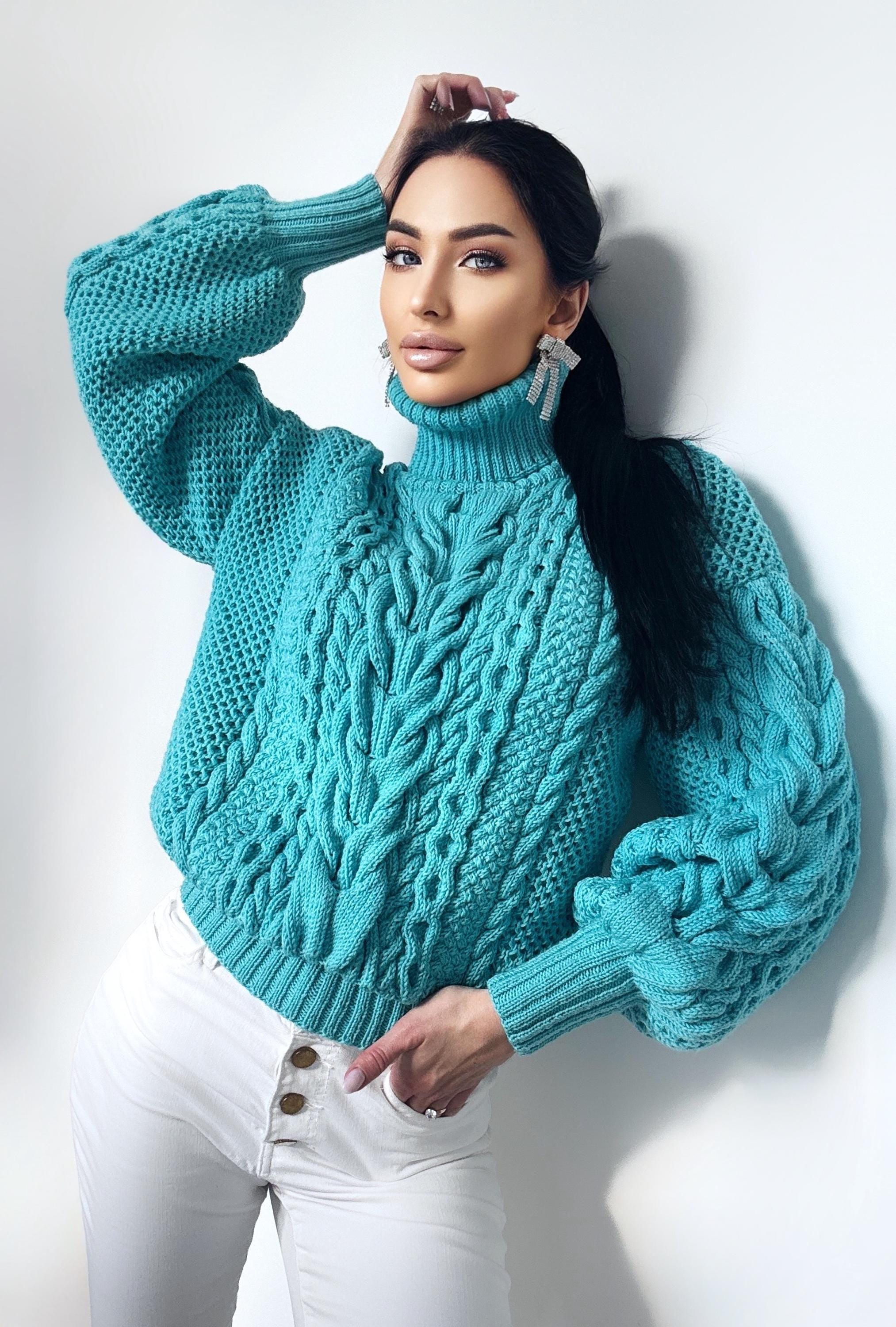 Hand knitted soft merino wool light blue high collar sweater Chunky Knit Turtleneck Oversized Pullover Womens Cable knit Jumper