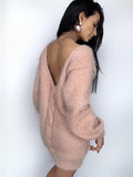 Hand knit Beige Peach wool FREE soft fluffy body friendly sweater dress Open back Deep V-neckline Analogue of angora dress Loose fit oversiz