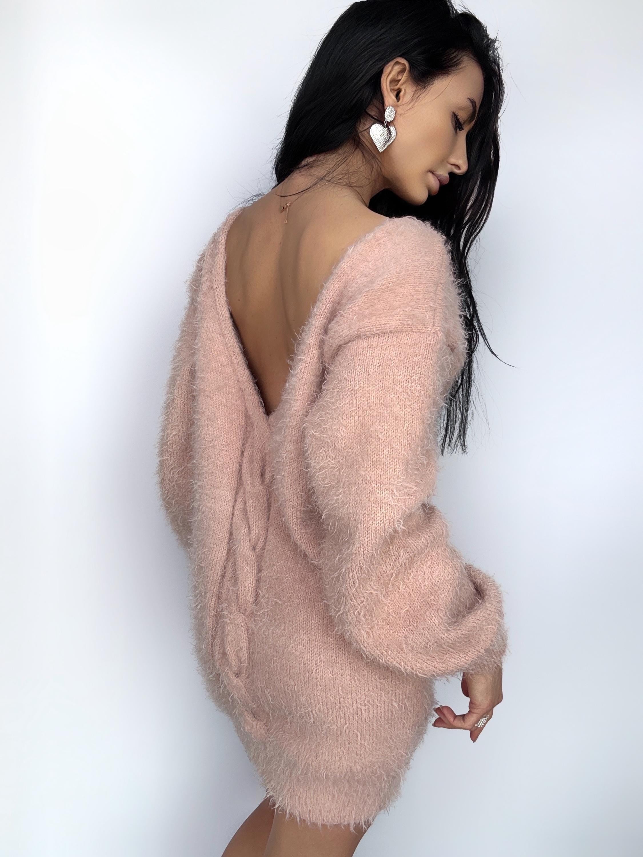 Hand knit Beige Peach wool FREE soft fluffy body friendly sweater dress Open back Deep V-neckline Analogue of angora dress Loose fit oversiz