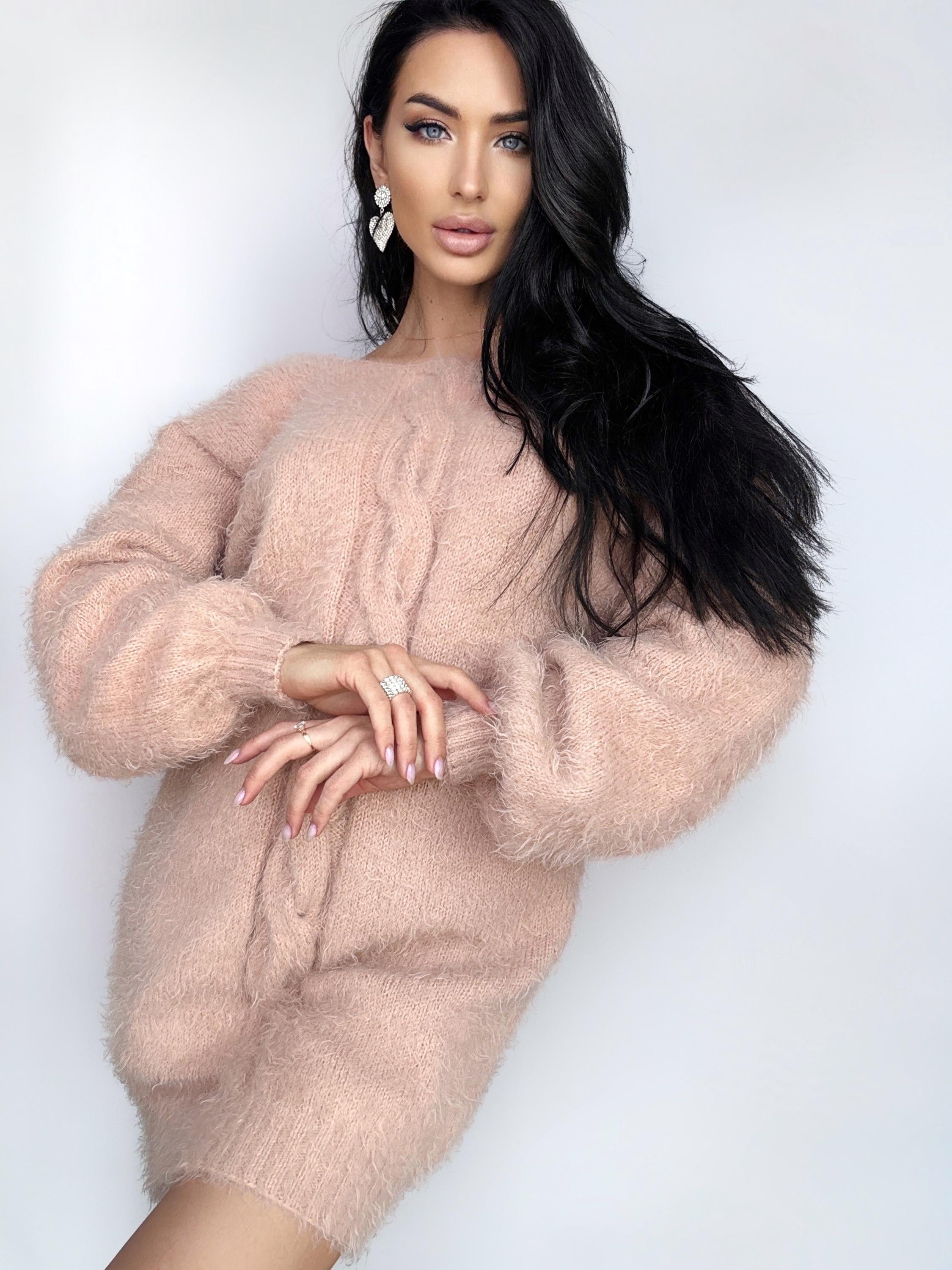 Hand knit Beige Peach wool FREE soft fluffy body friendly sweater dress Open back Deep V-neckline Analogue of angora dress Loose fit oversiz