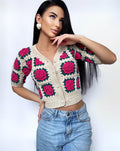Crochet cotton cropped beige pink cardigan Lace top Crochet Vintage crochet lace shop sleeve top Boho Women Knit summer blouse gift for her