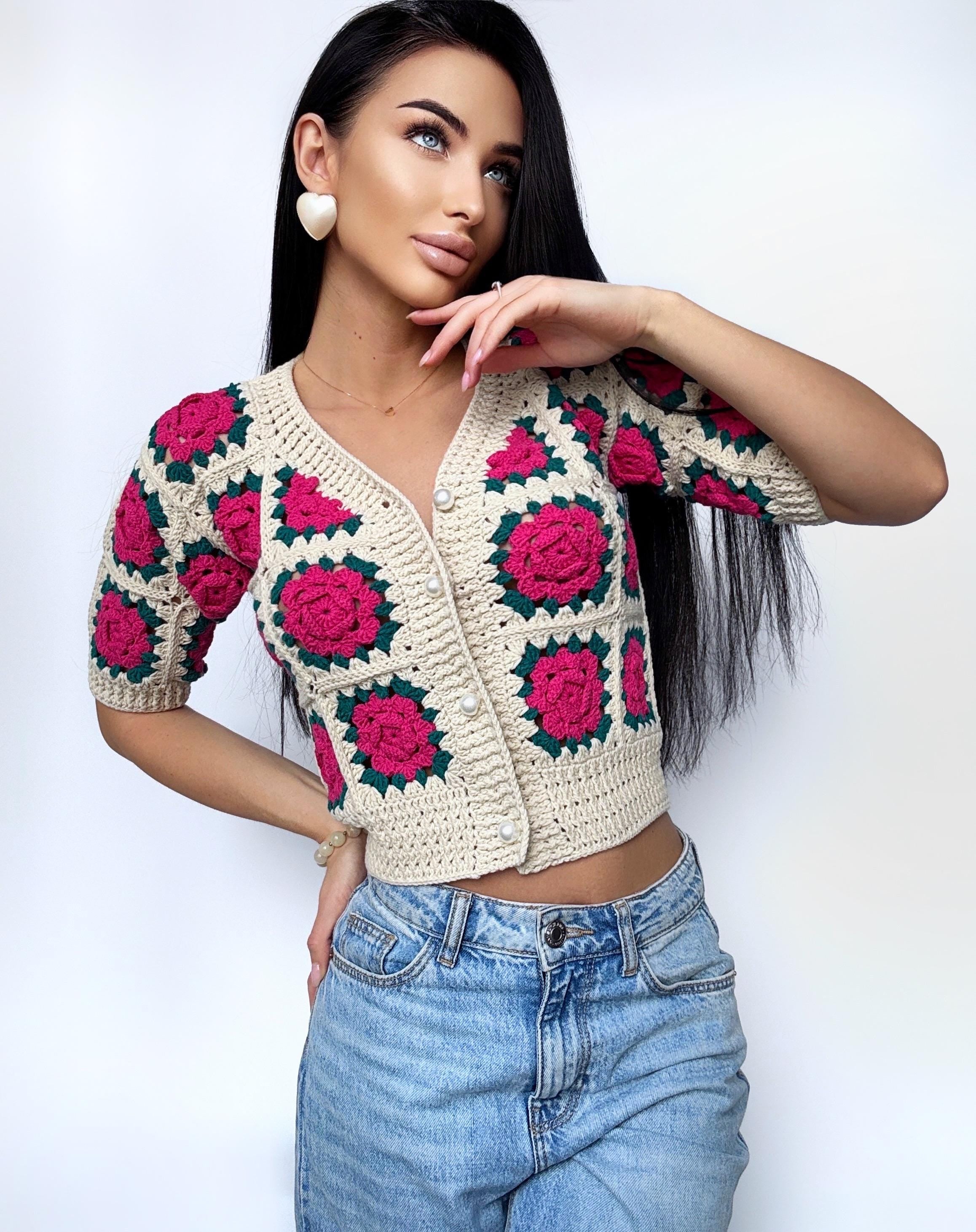 Crochet cotton cropped beige pink cardigan Lace top Crochet Vintage crochet lace shop sleeve top Boho Women Knit summer blouse gift for her