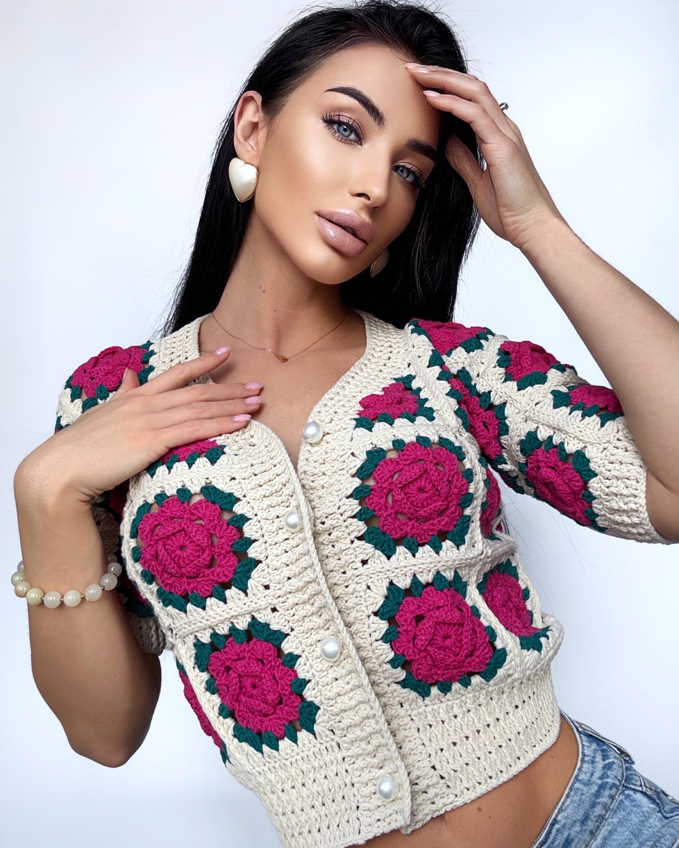 Crochet cotton cropped beige pink cardigan Lace top Crochet Vintage crochet lace shop sleeve top Boho Women Knit summer blouse gift for her