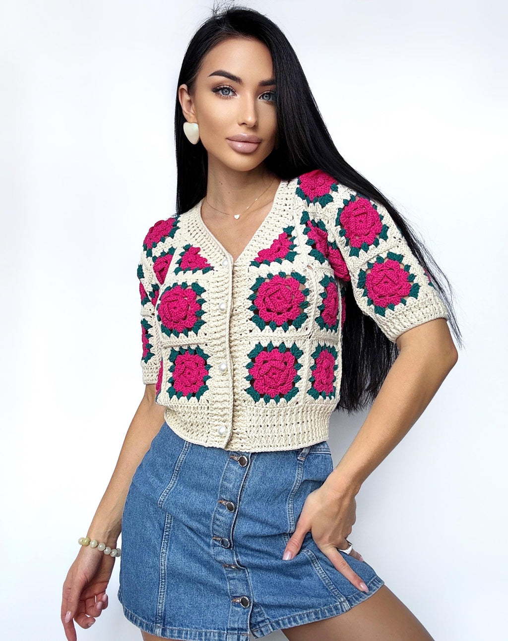 Crochet cotton cropped beige pink cardigan Lace top Crochet Vintage crochet lace shop sleeve top Boho Women Knit summer blouse gift for her