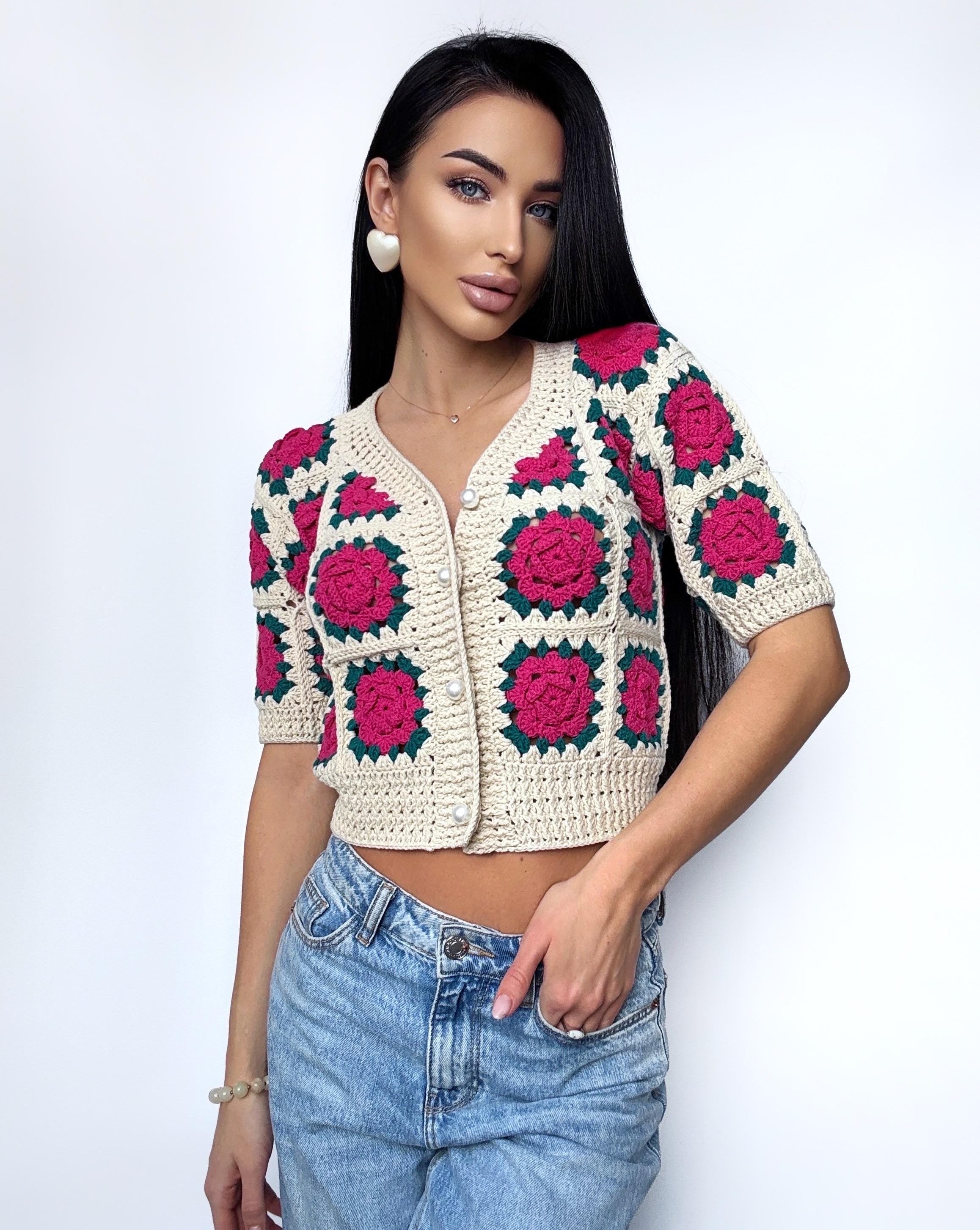 Crochet cotton cropped beige pink cardigan Lace top Crochet Vintage crochet lace shop sleeve top Boho Women Knit summer blouse gift for her