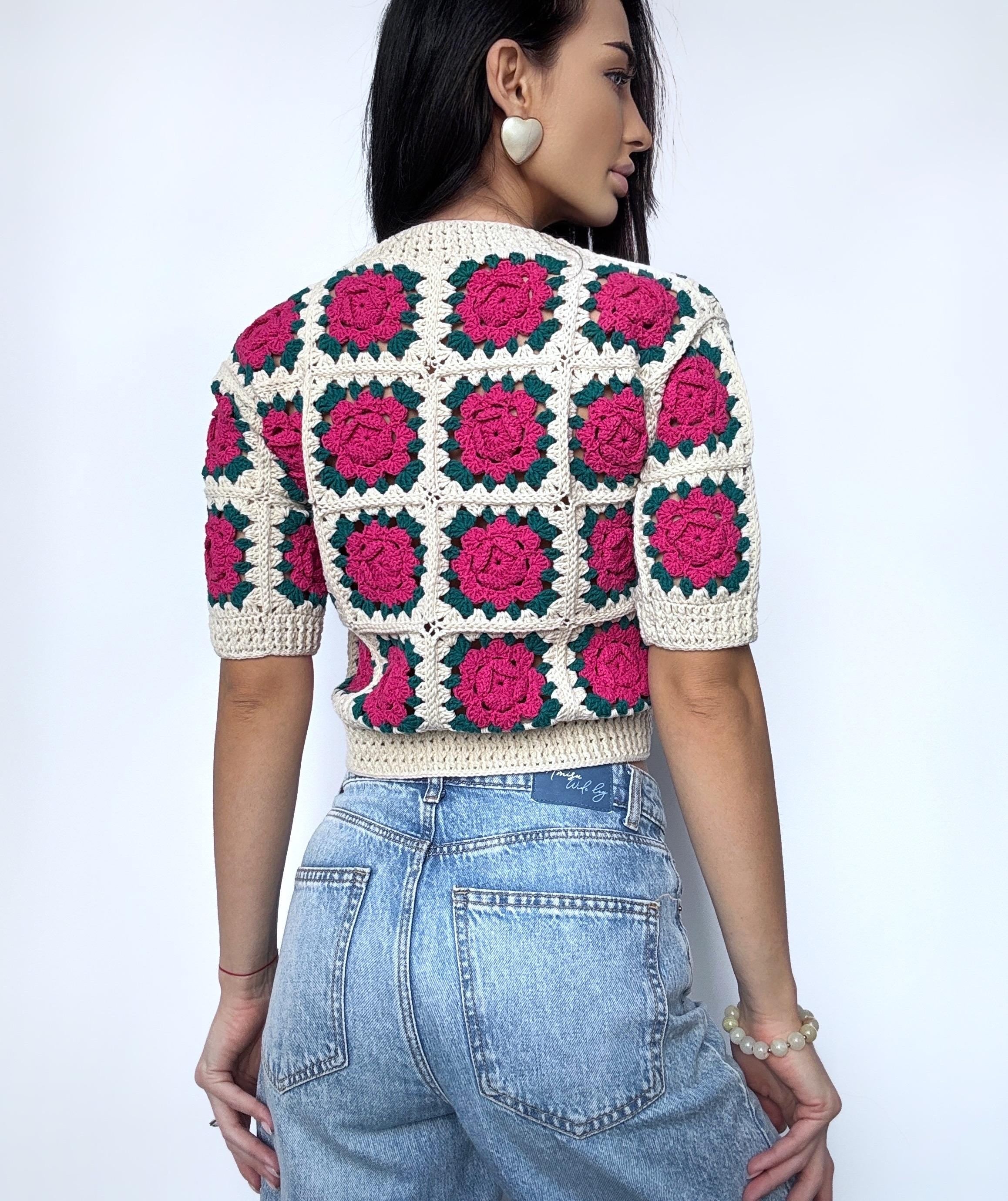Crochet cotton cropped beige pink cardigan Lace top Crochet Vintage crochet lace shop sleeve top Boho Women Knit summer blouse gift for her