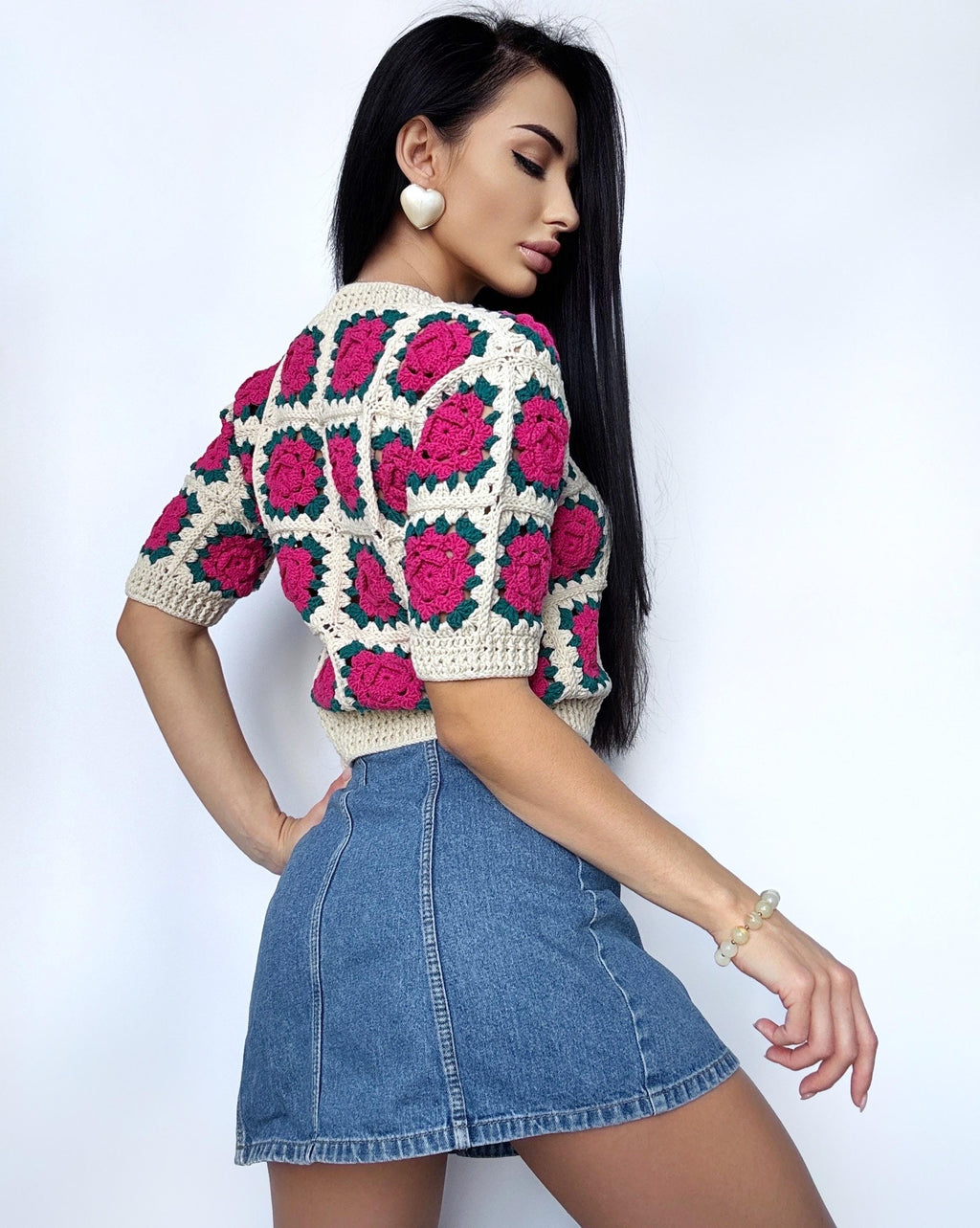 Crochet cotton cropped beige pink cardigan Lace top Crochet Vintage crochet lace shop sleeve top Boho Women Knit summer blouse gift for her