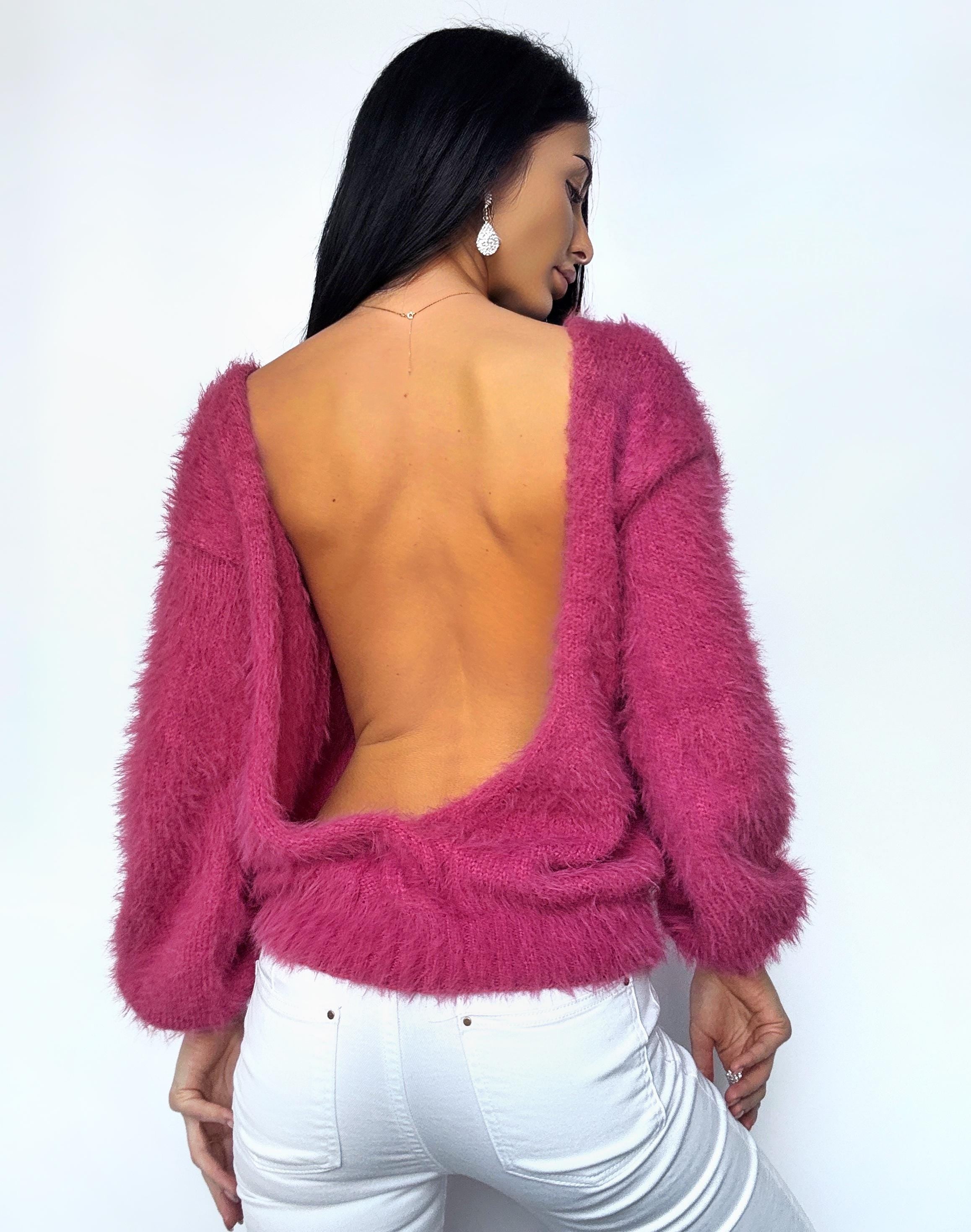 Fluffy fuchsia hand knit body friendly pink rouse open back sweater V - Deep neckline Knit emerald fluffy pullover Oversized V-neck