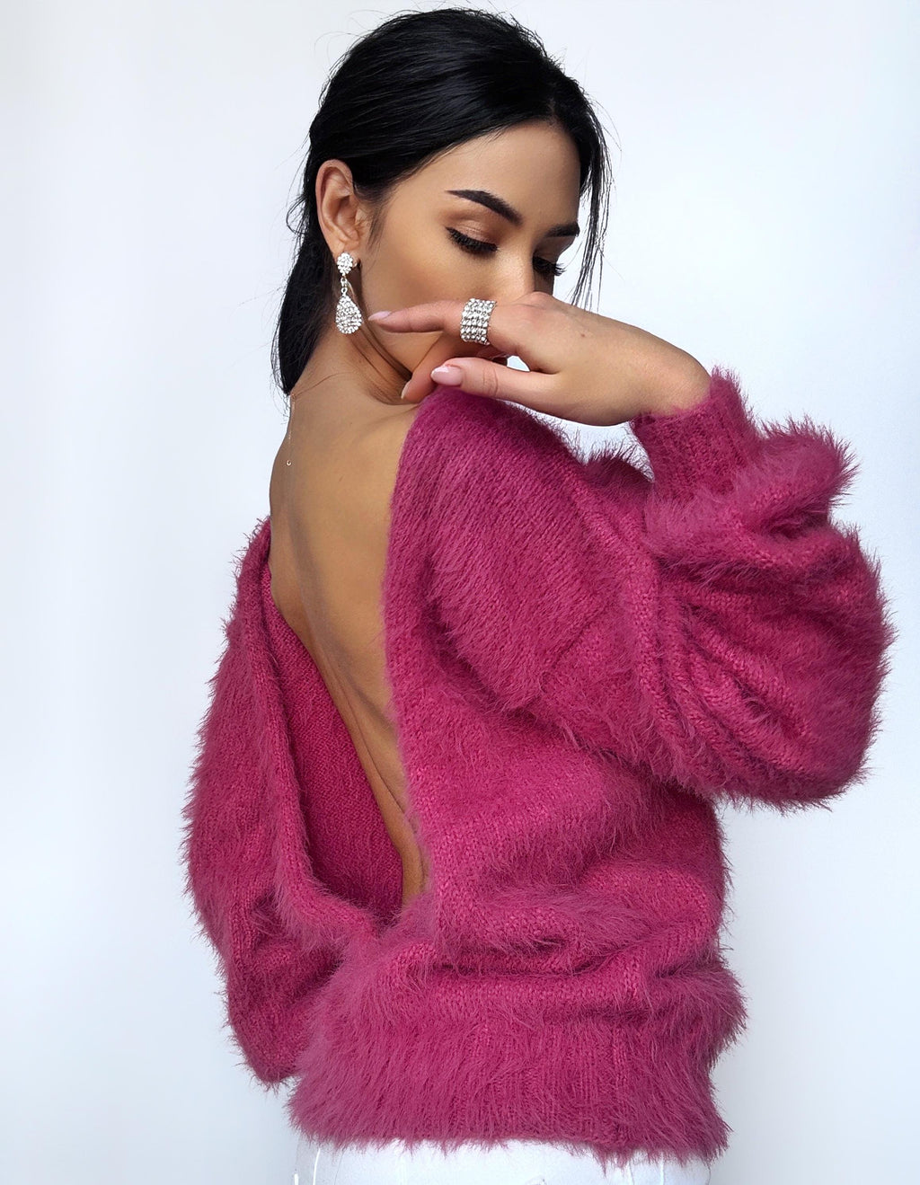 SOFT fluffy hand knit body friendly pink rouse merino wool mix sweater Open back Deep neckline Knit emerald fluffy pullover Oversized V-neck