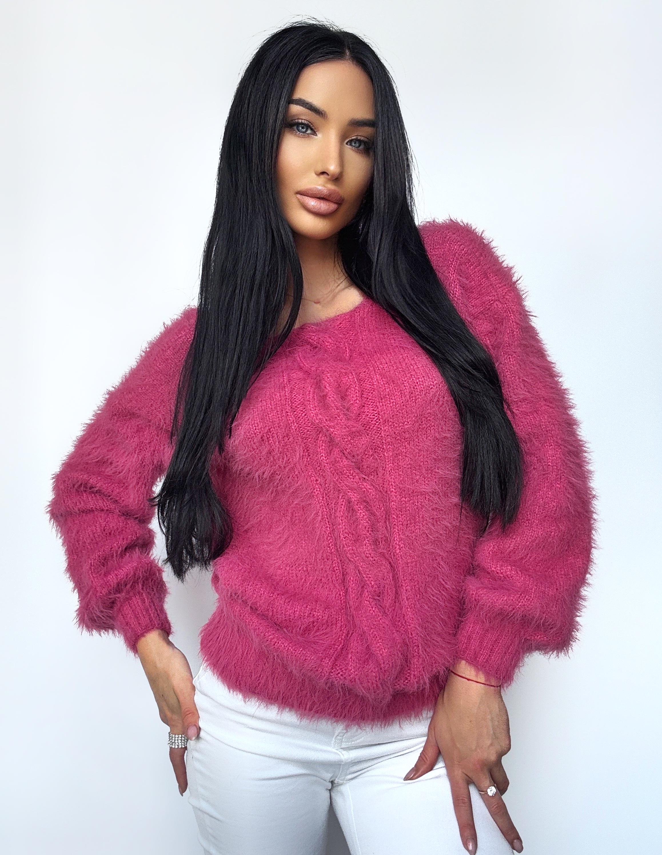 SOFT fluffy hand knit body friendly pink rouse merino wool mix sweater Open back Deep neckline Knit emerald fluffy pullover Oversized V-neck