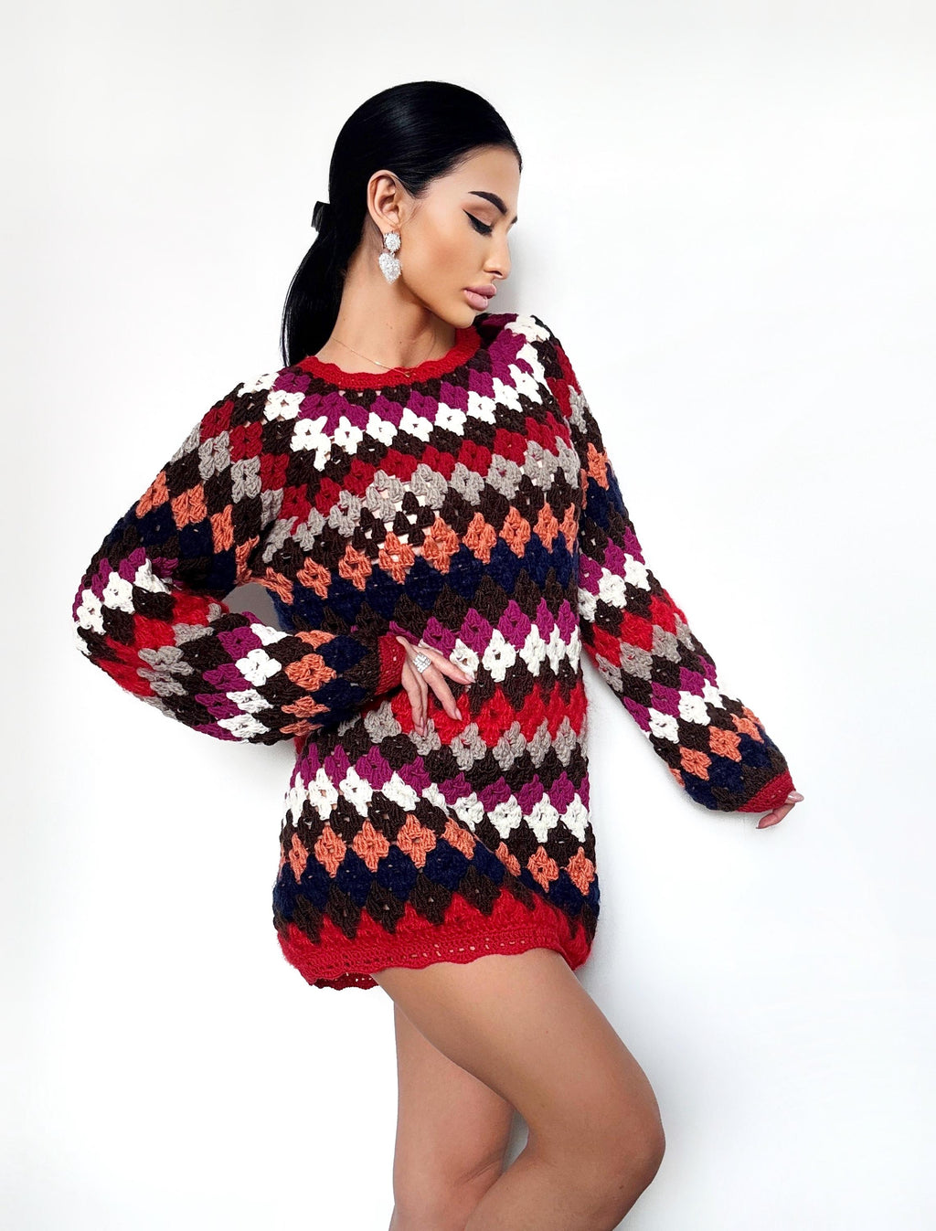 Crochet granny square wool cotton sweater dress Crochet afghan Boho crochet dresse Colorful dresse Mini Festival Clothing Vintage Dress