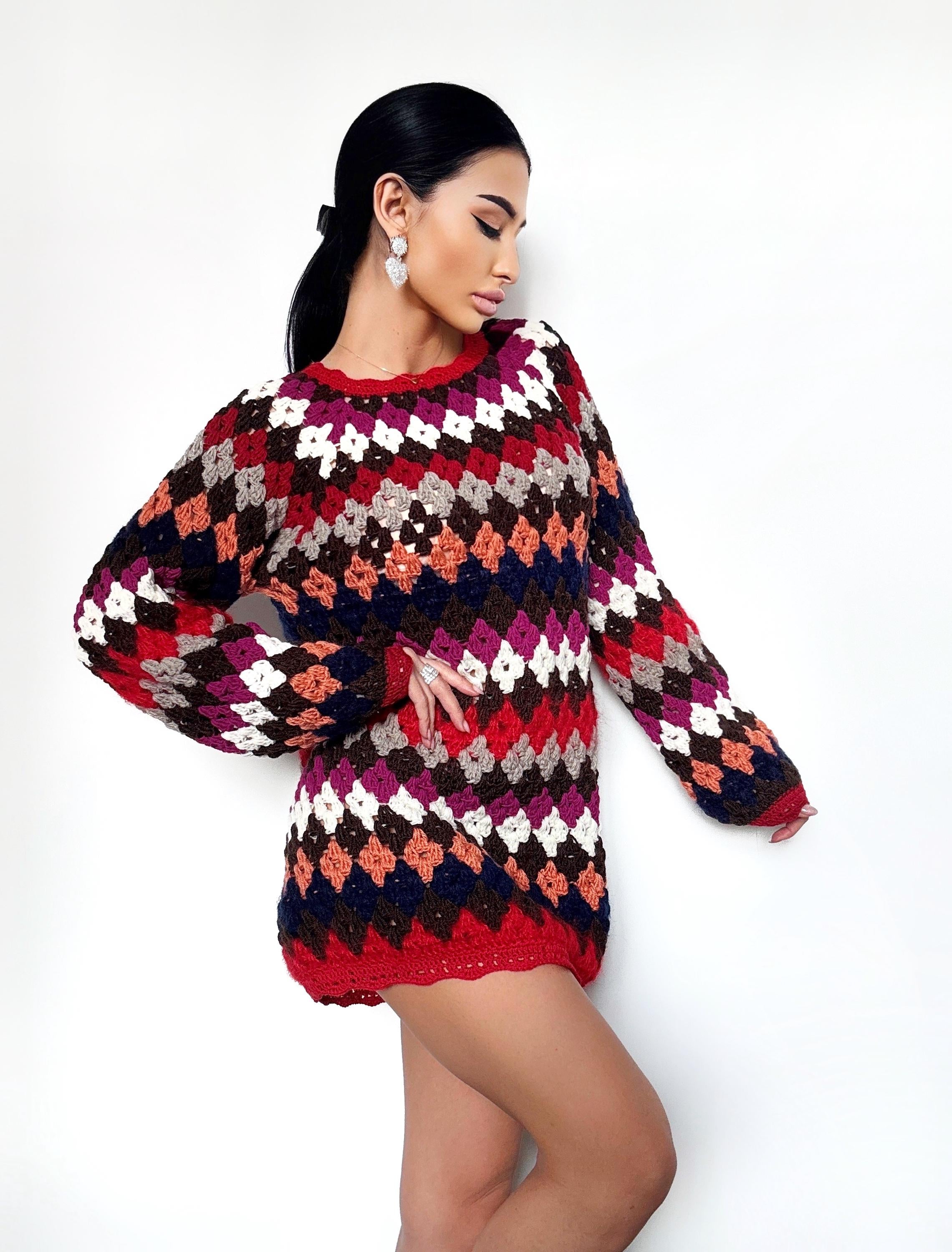 Crochet granny square wool cotton sweater dress Crochet afghan Boho crochet dresse Colorful dresse Mini Festival Clothing Vintage Dress